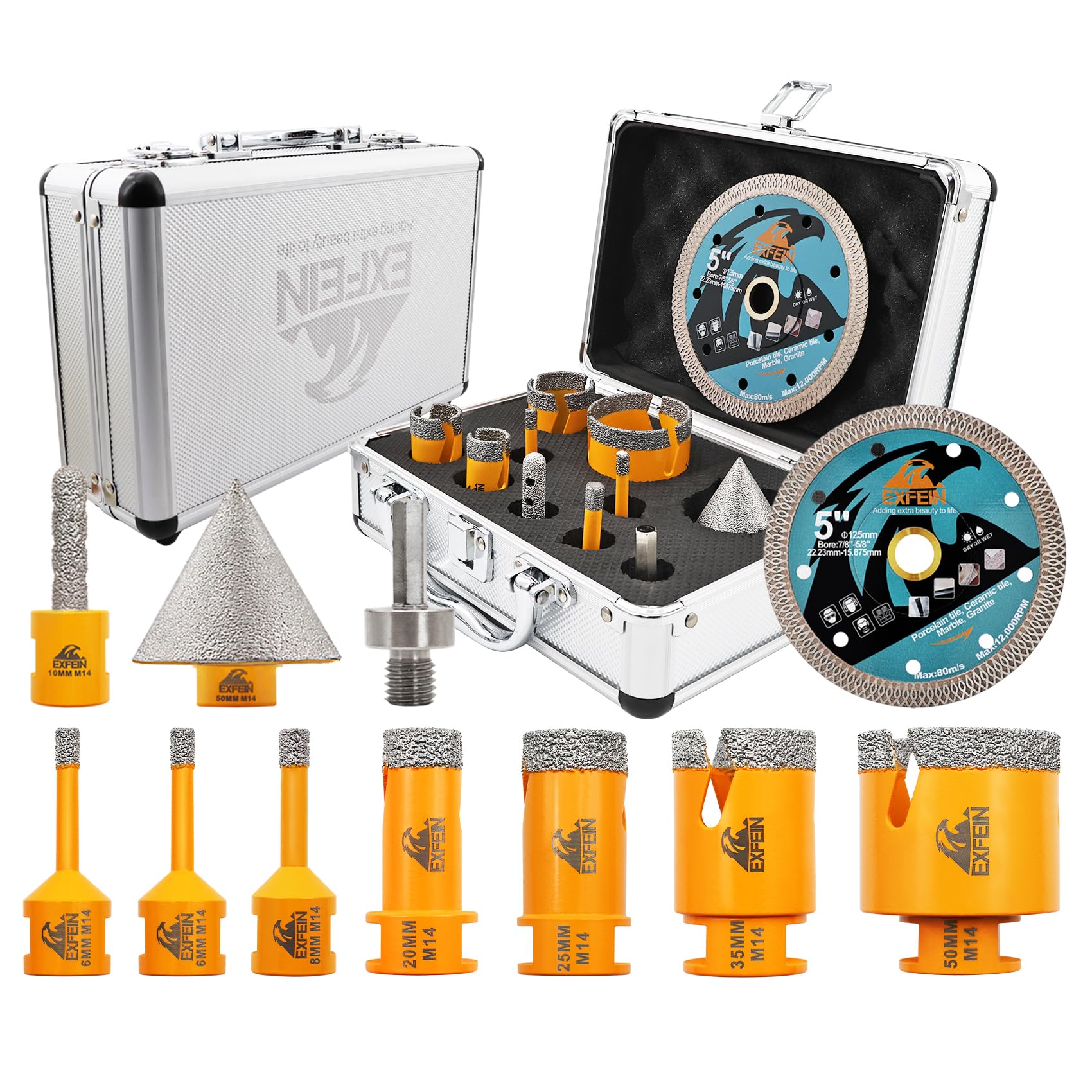 EXFEIN Diamond Tile Hole Saw Kit 10pcs - Diamond Drill Bits 6/6/8/20/25/35/50mm + 10mm Milling Bit + 50mm Diamond Chamfer Bit + Hex + 125mm Diamond Disc for Porcelain Tiles Marble Granite