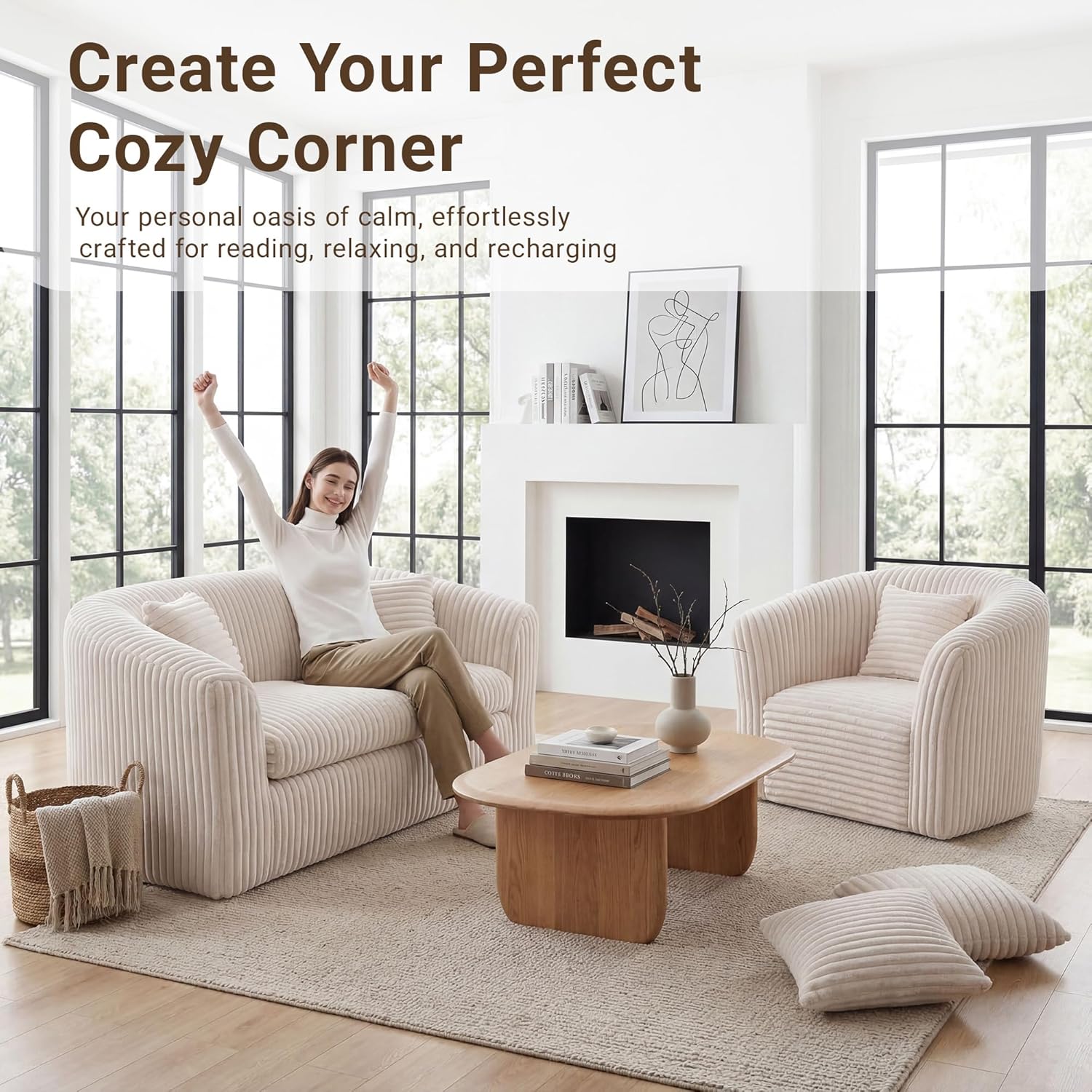 Claiks 55" Bean Bag Sofa Couch, Cloud Loveseat Boneless Couch in a Box, Upholstered Small Mini Sofa with Deep Seating for Living Room Bedroom Office Apartment, No Assembly Required, Beige