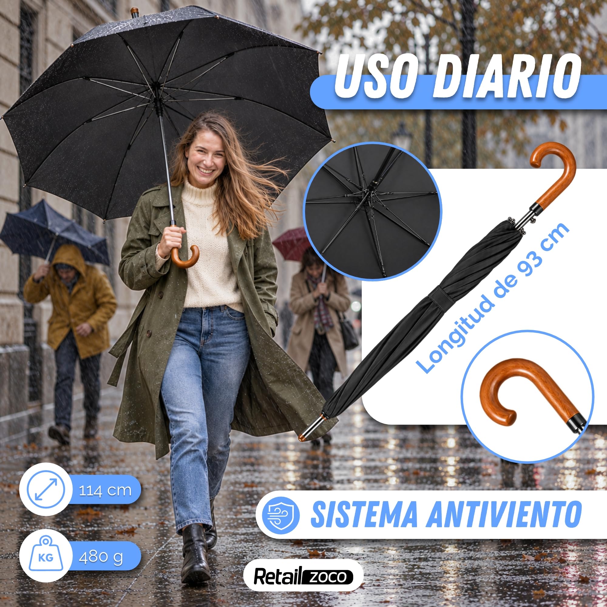 Paraguas Largo Clasico Grande Automatico, Resistente al Viento - imagen 4