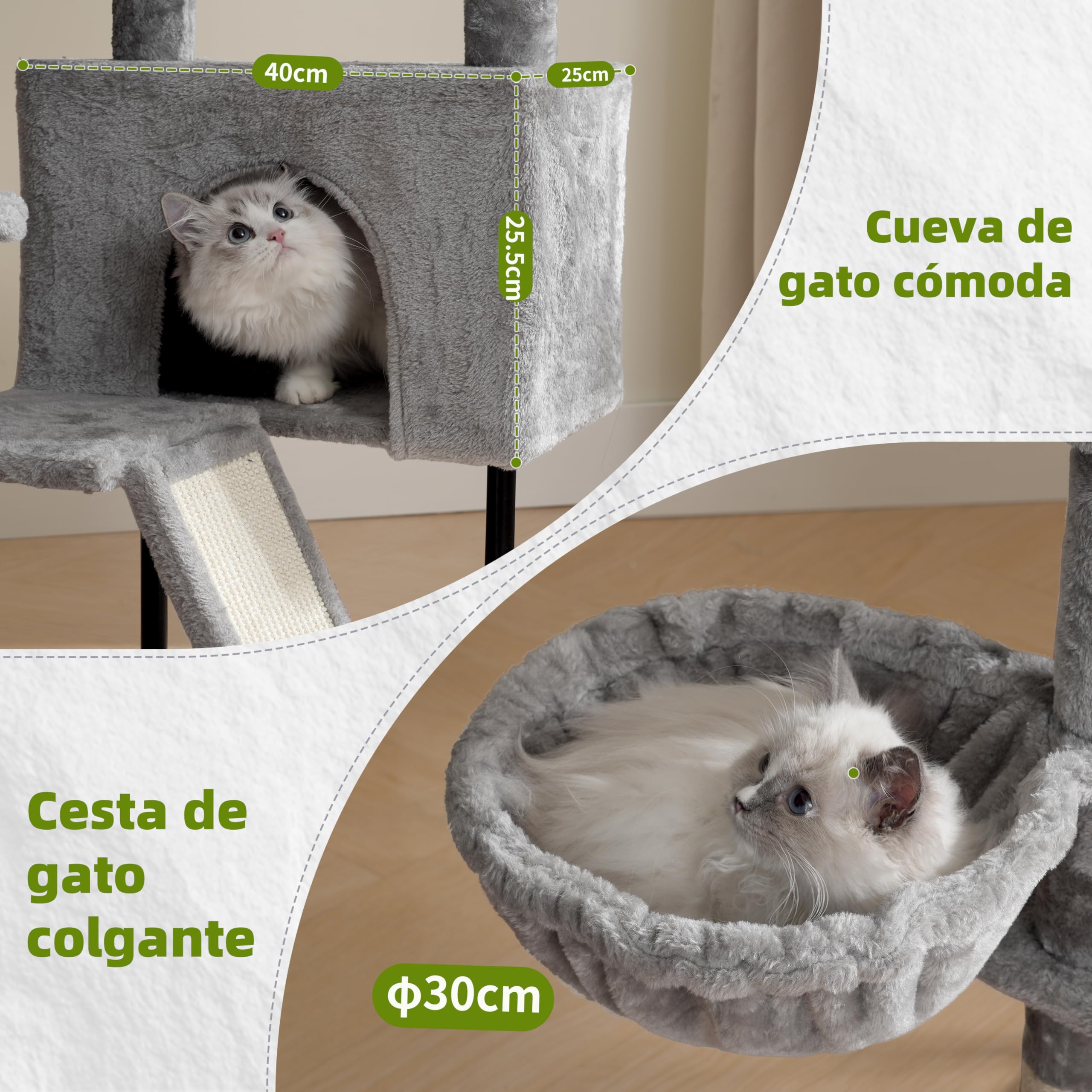 Gitelsnour Rascador para Gatos de Interior, Árbol para Gatos para Gatitos, con Postes, Plataforma Superior Desmontable, Pompones, Cuevas, Cestas, Gris Claro GCT006SW