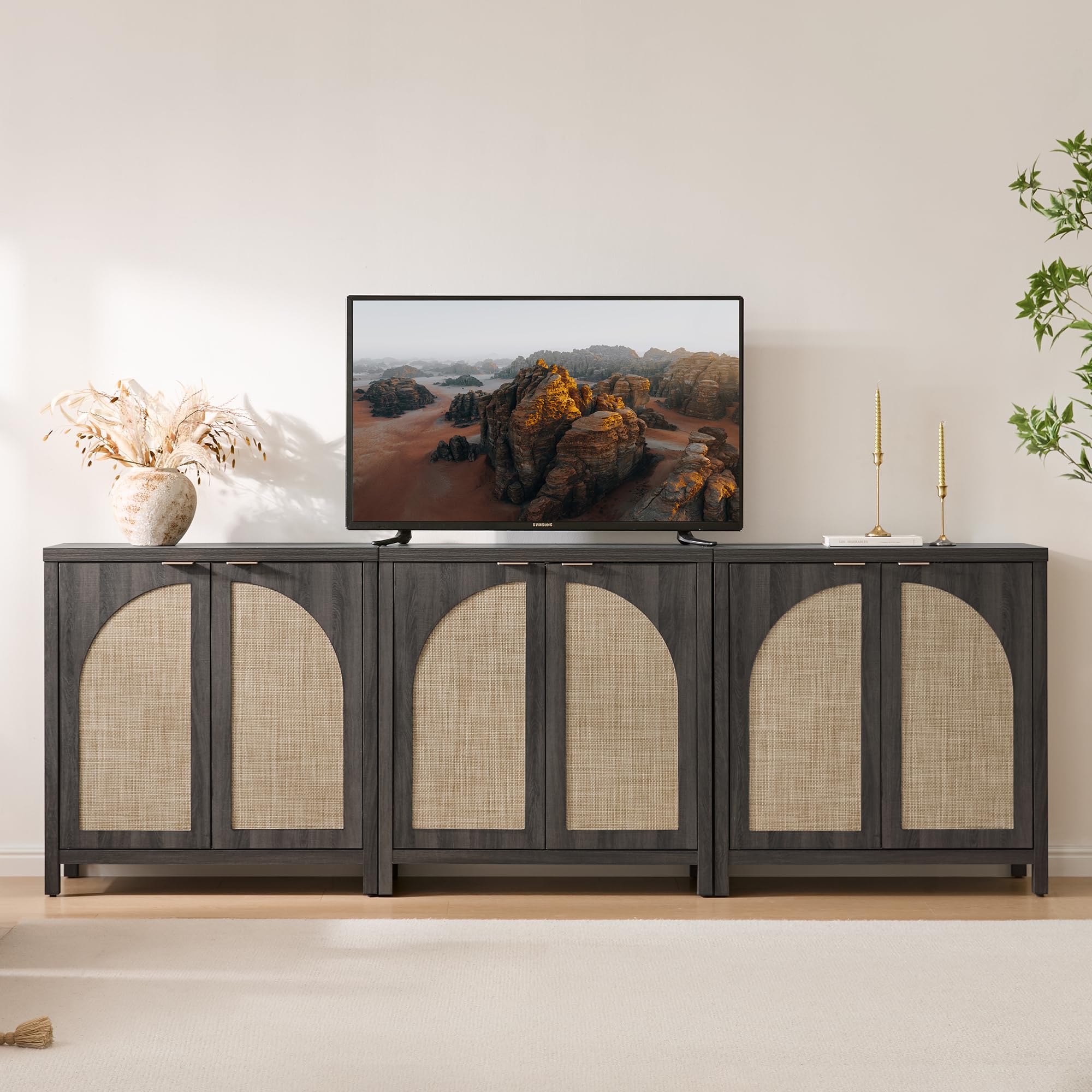 102"W Rattan Buffet Cabinet Set of 3 Arch Doors Boho Media Console Black Oak image 2