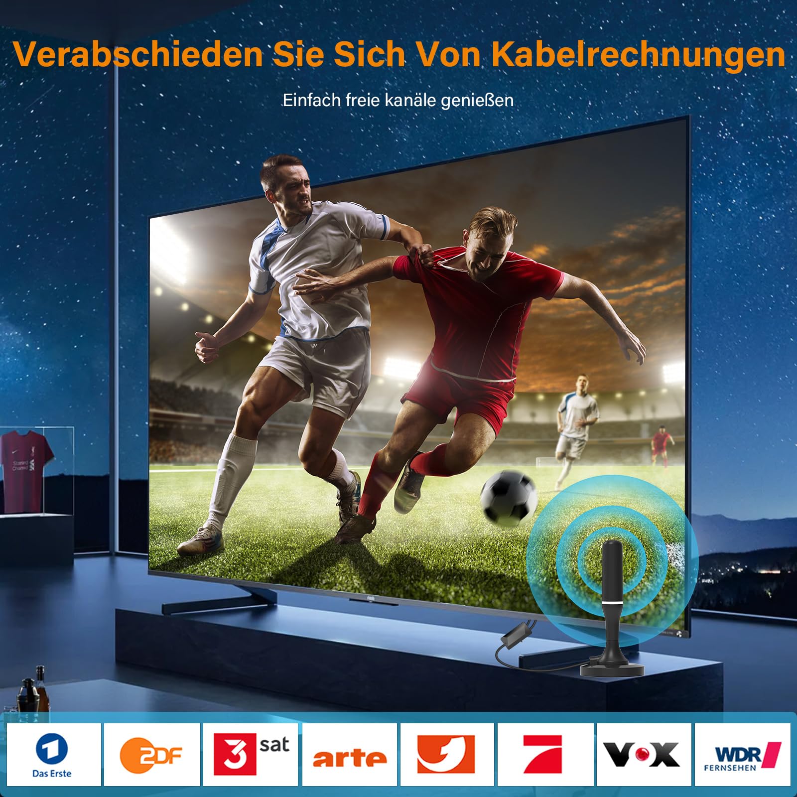DVB-T2 Antenne, TV Antenne Indoor Zimmerantenne für Fernseher mit Verstärker, Magnetfuß, 3m Kabel, 360° Allroundempfang, 4K/1080p kostenlose Digitale Kanäle
