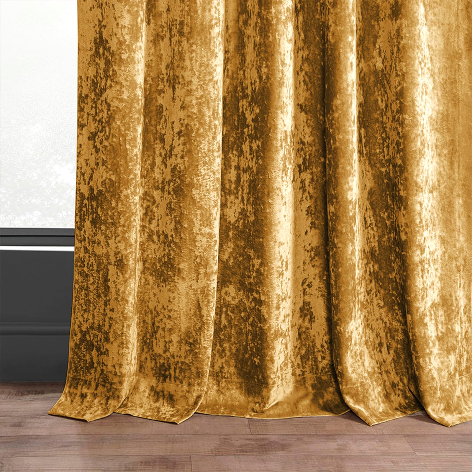 2er Set Samtvorhang Stangentasche, Luxus Vorhänge Verdunkelung Samt, Velvet Gardinen Blackout Curtains mit Eisblumen Muster, Thermovorhang Wohnzimmer Schlafzimmer H260xB140CM, Gold