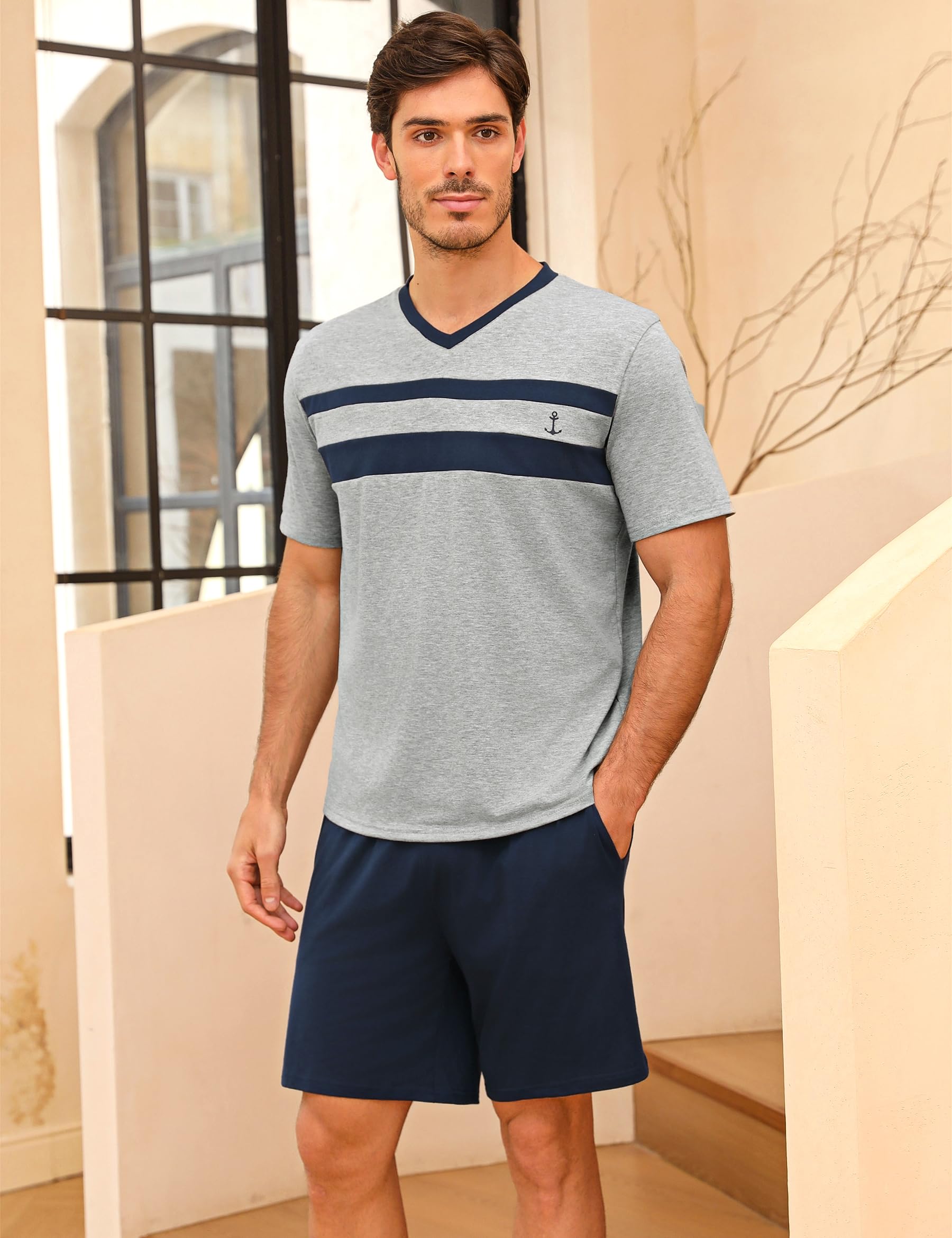 Camiseta y Pantalones Cortos Algodón Manga Corta Cuello en V Hombre S-3XL