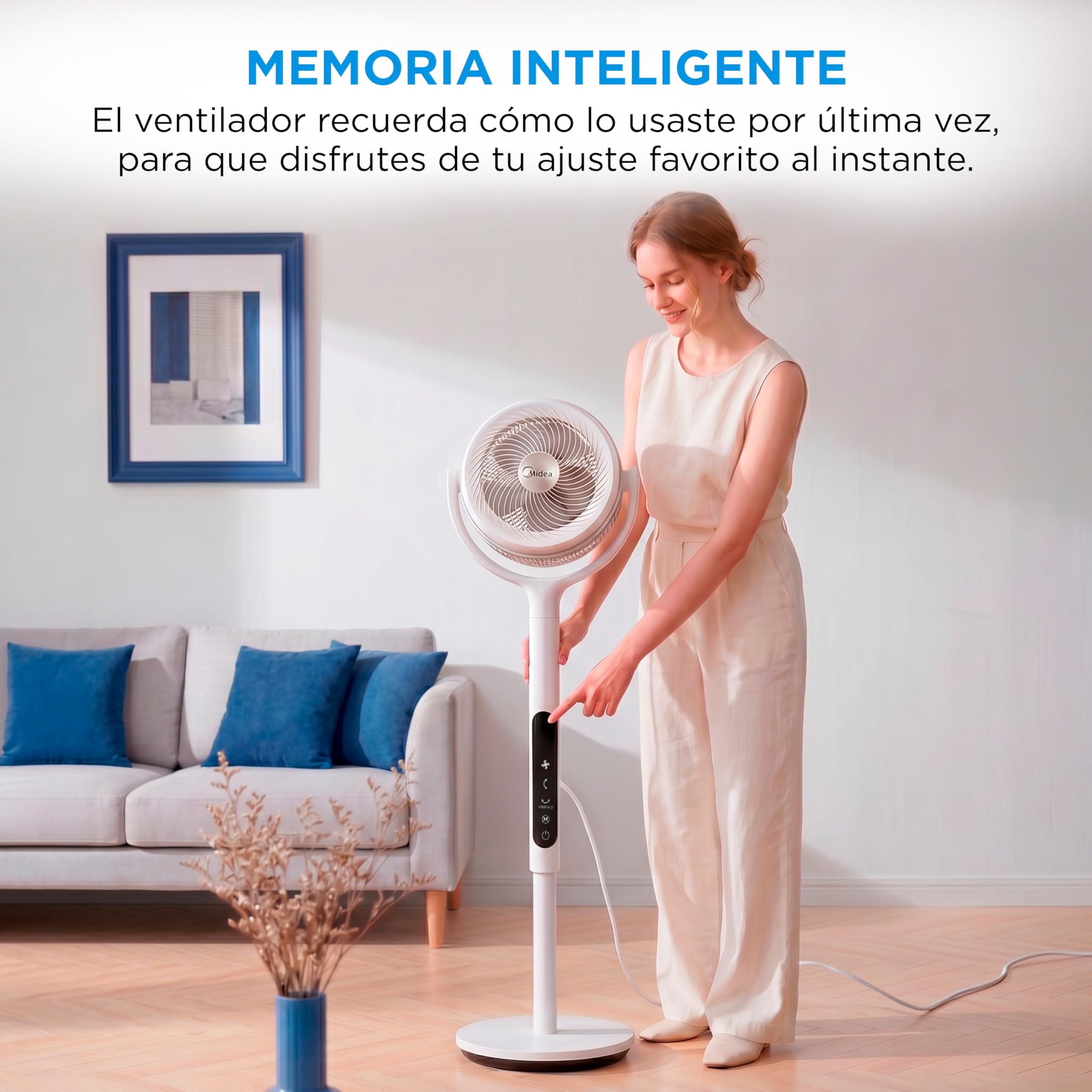 Midea Ventilador de Pie de 12 Velocidades con Mando a Distancia - Ventilador Silencioso con Oscilación 120º + 135º y Altura Regulable - Temporizador, Filtro, Doble Aspa, y 3 Modos - Alcance hasta 24 m