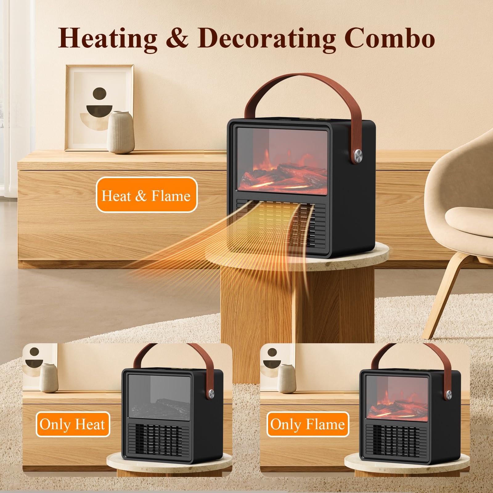 Minthouz Calefactor Eléctrico 1500W PTC Cerámico Bajo Consumo con Efecto Llama 3D, Termostato Ajustable, Modo ECO, Protección Sobrecarga y Volcado – Ideal para Habitación y Oficina