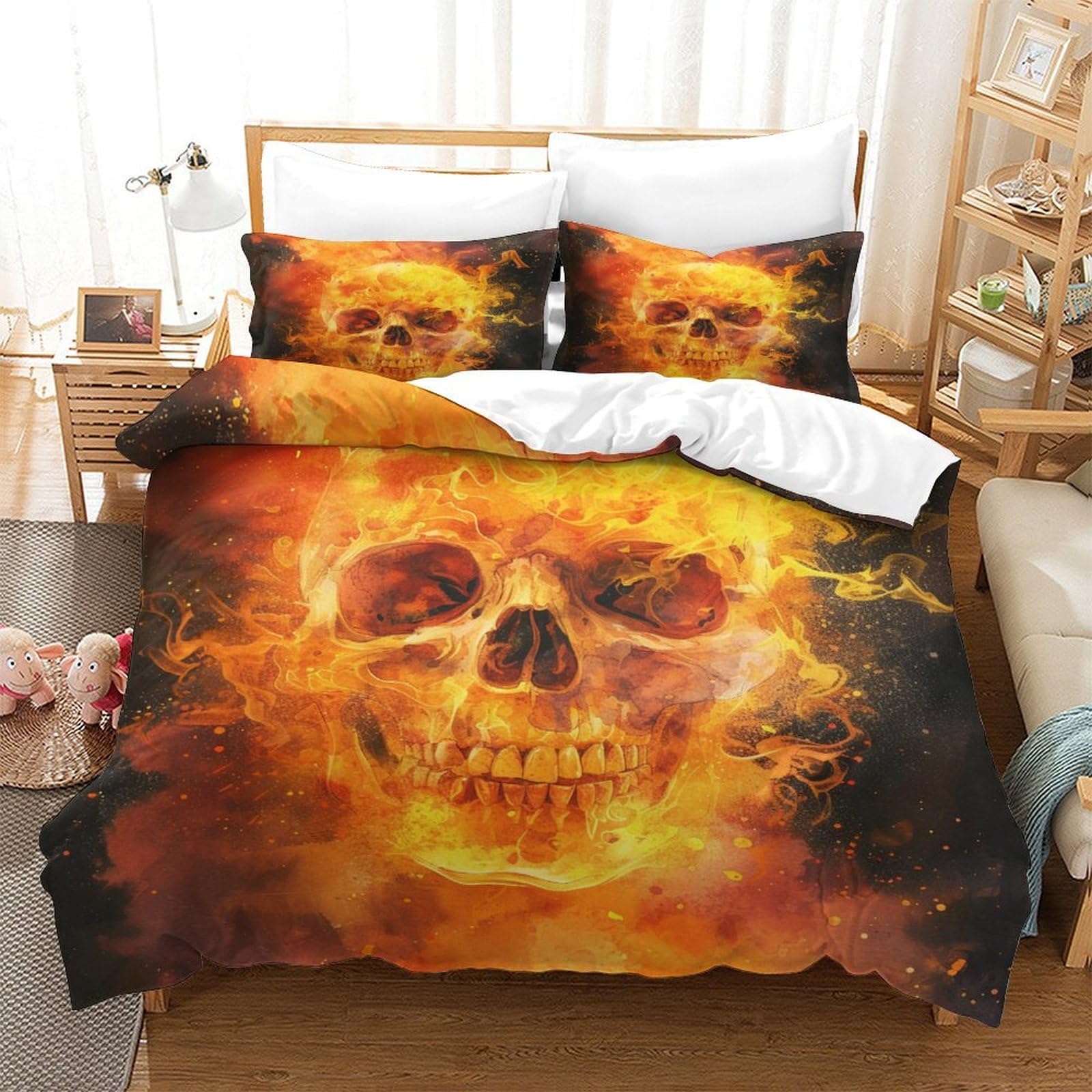 P1s9u7w5y Burning Ghost Vivid Flame 3D Printed Skull Duvet Cover Set 3Pcs Microfiber Fiery Skull Bedding Set Double（200X200cm）