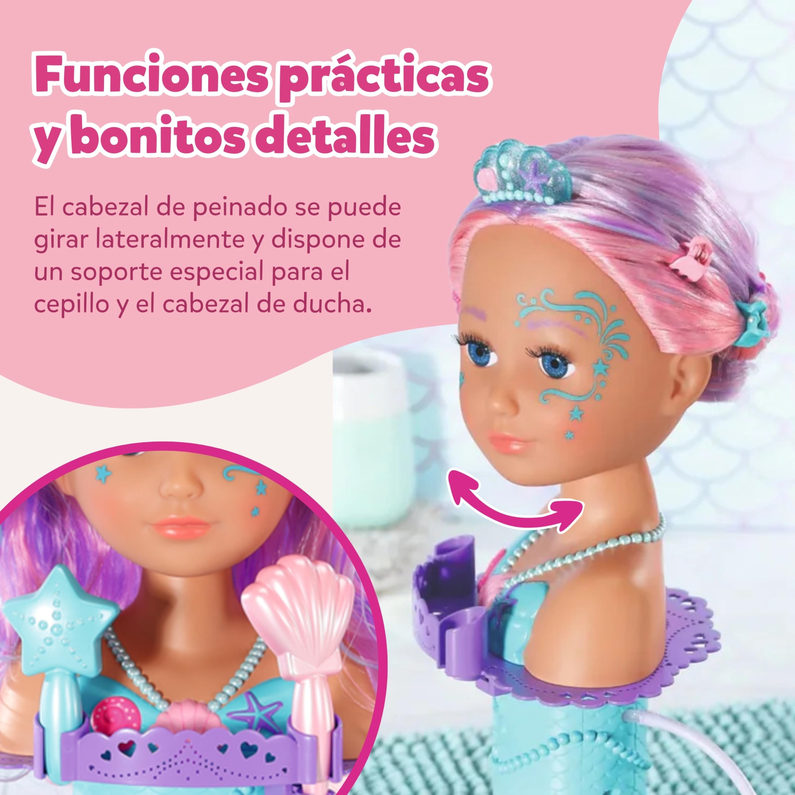 Baby Born Cabeza de Sirena – Cabeza giratoria con función de Agua, Apta para la bañera - Incluye Cepillo, Diadema y Accesorios - Desde 3 años