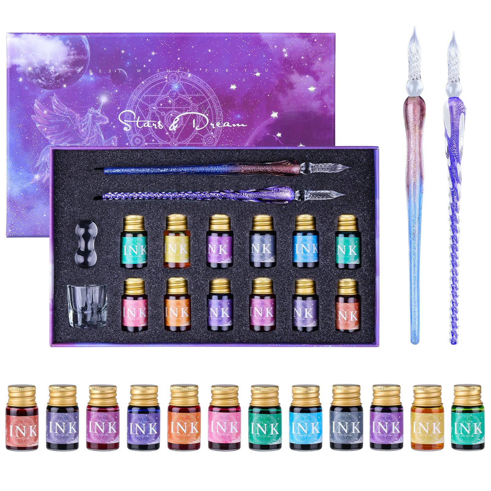 Set Di 16 Pezzi Per Calligrafia Con Penne In Vetro - 2 Pennini E 12 Inchiostri Colorati Con Glitter - Kit Completo Per Principianti