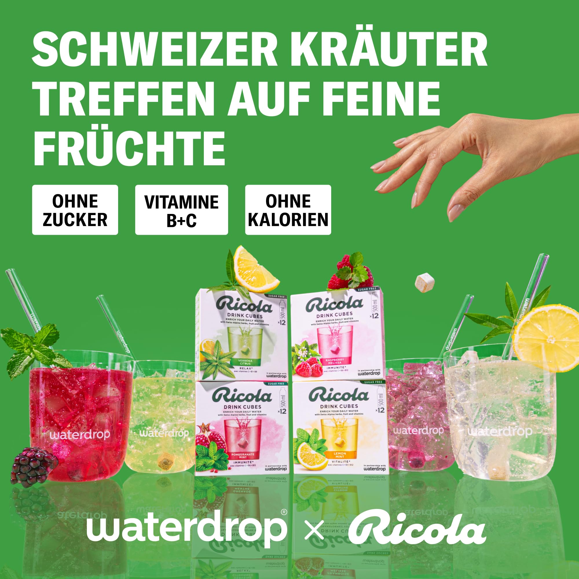 waterdrop® x Ricola – 48 Waterdrop Würfel mit Alpenkräutern & Früchten - Himbeere Melisse, Zitrone Minze, Granatapfel Minze & Zitrone Verbene – Wassergeschmack ohne Zucker mit Vitaminen C, B3, B12