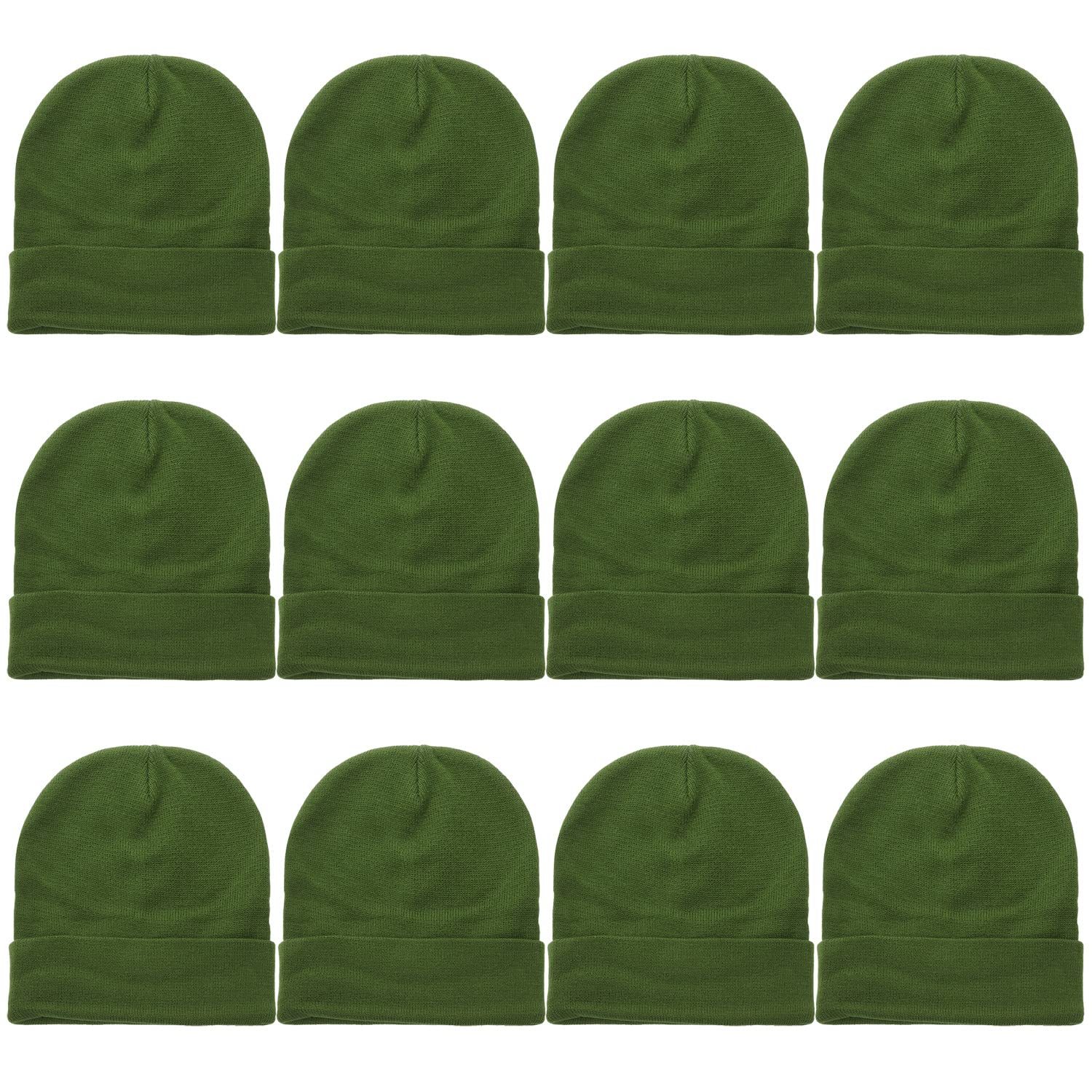 Falari 12 Pack Wholesale Winter Beanie Hat Unisex Bulk Skull Knitted Ski Cap for Cold Weather - Army Green
