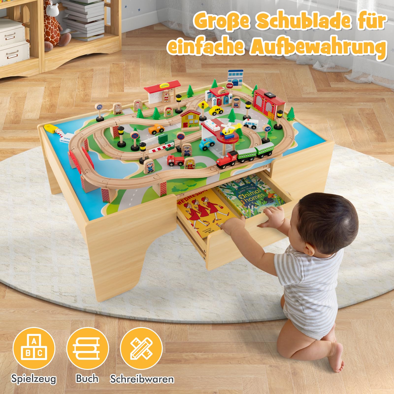 GOPLUS Spieltisch mit 84 Spielzeugteile, Kinder Eisenbahn Set mit Schublade & Umkehrbare Arbeitsfläche, Kinderaktivitätstisch zum Spielen, Bauen & Basteln für Kinder ab 3 Jahren