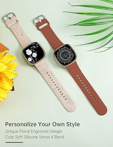 Miniatura 2 de Minyee Paquete de 2 correas grabadas florales compatibles con Fitbit Versa 4Versa 3Sense 2Sense Band para mujer, lindo diseño de girasol de diente
