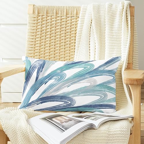 Miniatura 3 de CaliTime Juego de 2 fundas de almohada decorativas de vellón de dos tonos con plumas abstractas para sofá, cama, decoración de casa rural, 12 x 20