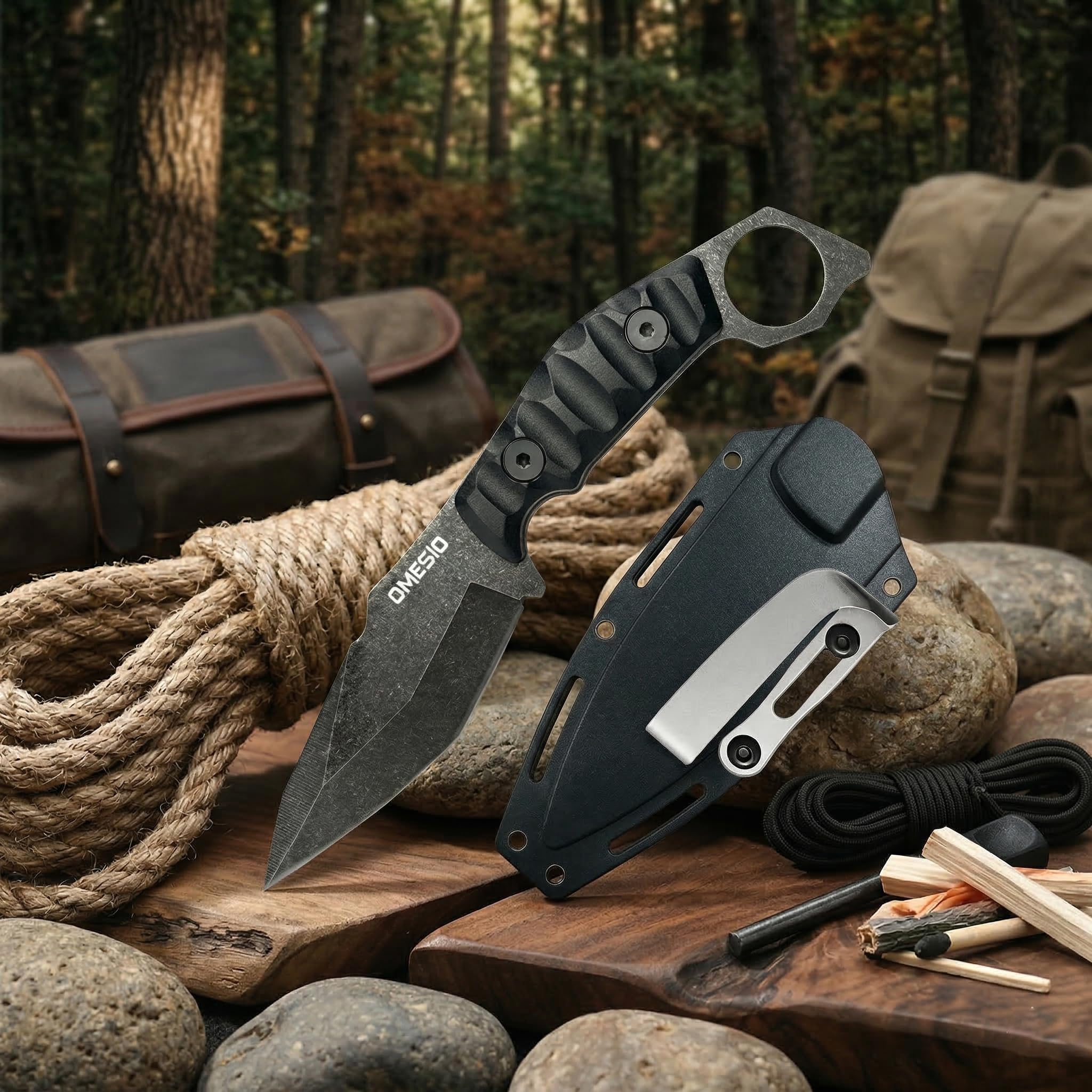 Omesio Coltello da Caccia Full Tang in Acciaio 420 | Lama Fissa 10,5 cm | Coltello da Cintura per Sopravvivenza, Campeggio ed Escursionismo | Manico in ABS Antiscivolo
