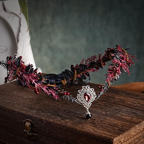 Miniatura 4 de MOSTORY Handmade Fairy Flower Headpiece Woodland Elf Crown Black Leaf Circlet Dark Forest Wreath for Women Girls Renaissance Halloween Cosplay