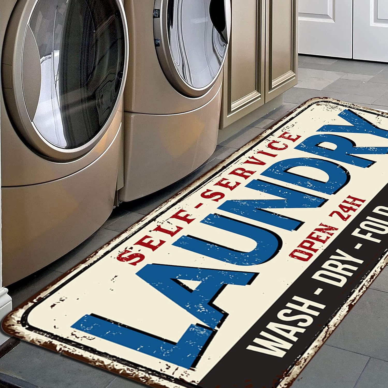 Farmhouse Laundry Room Rug Runner Non Skid Machine Washable Area Rugs Laundry Decor for Kitchen, Bath, Washroom Letter Light Blue（72x24in）