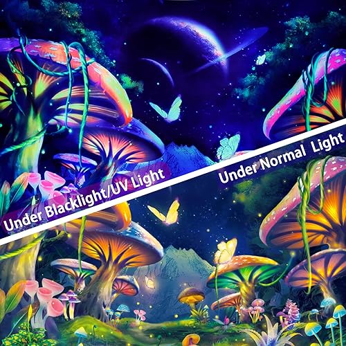 Miniatura 4 de Dermijer Tapiz de hongos de fantasía de luz negra, tapiz estético reactivo a los rayos UV, galaxia misteriosa, planetas, paisaje espacial, tapiz