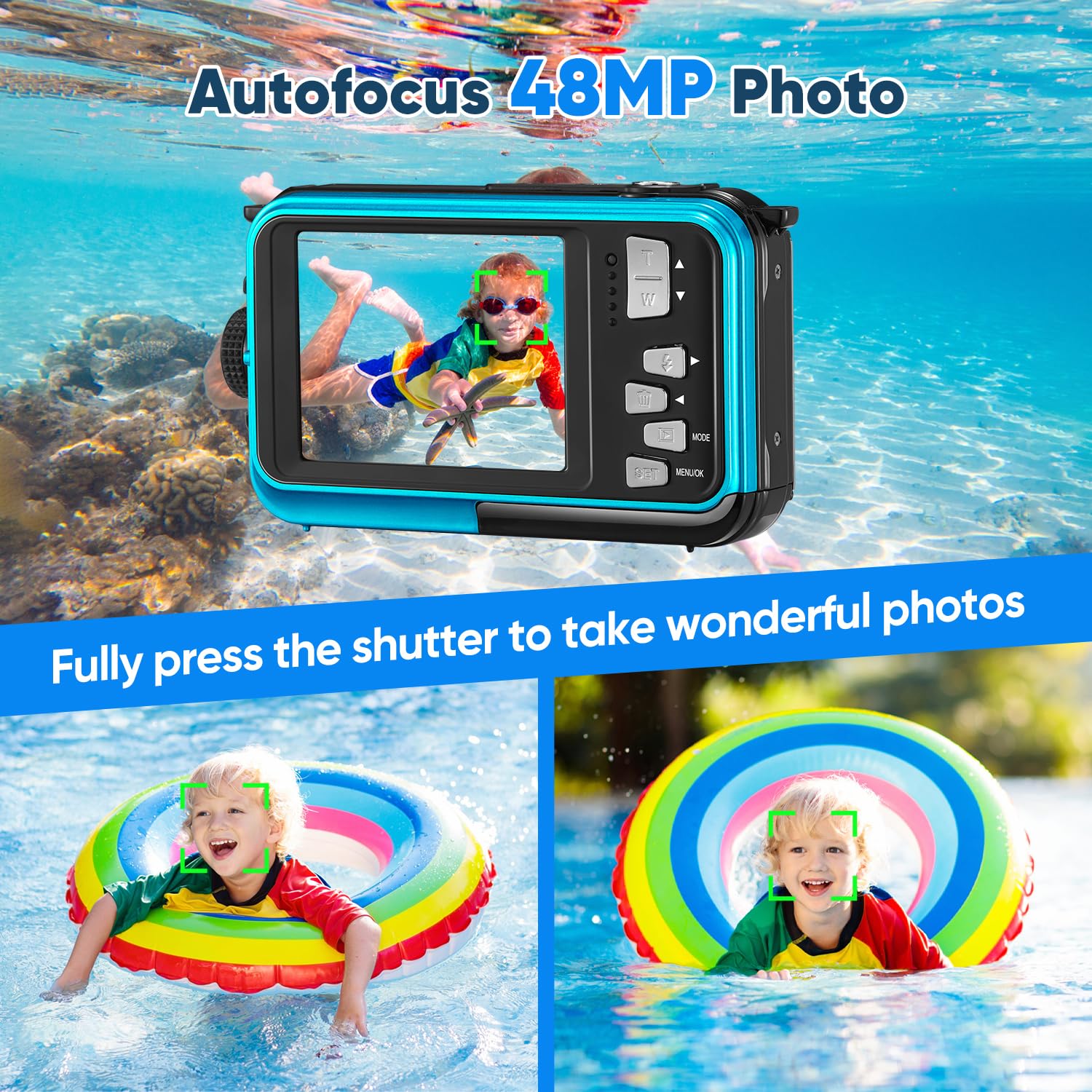 Cámara Acuatica Cámara Digital a Prueba de Agua,Full HD 2.7K 48MP Sumergible Zoom Digital 16X Acuatica Niños Duales antivibración para bucear con esnórque