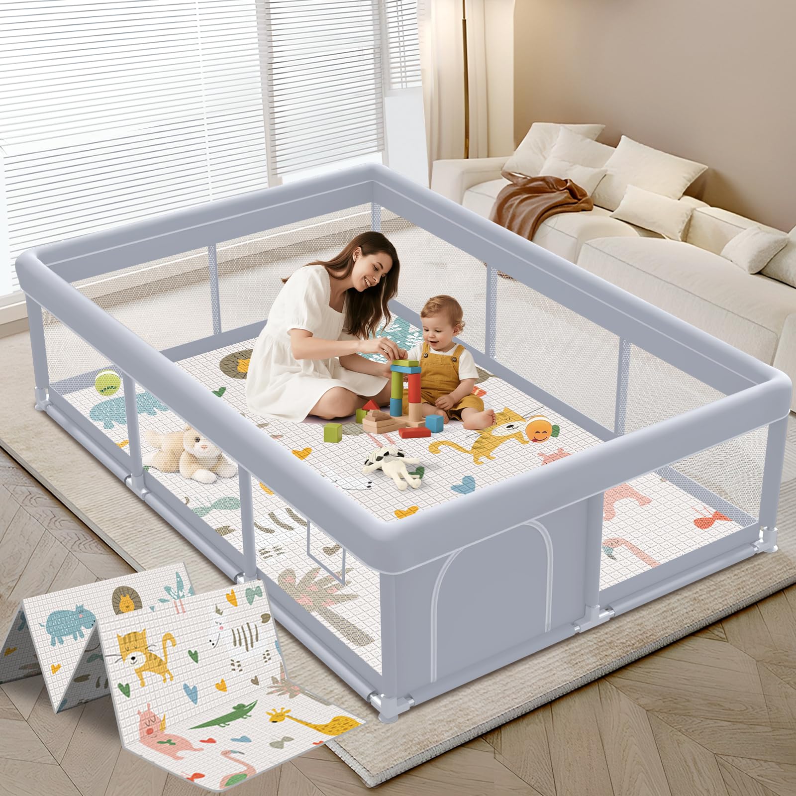 Photo 1 of XVISHX Baby Playpen with Mat, 74 x 50 Inch Playpen for Babies and Toddlers, Baby Playard for Indoor & Outdoor Active Center Game Fence, with Skin-Friendly Fabric and Soft Breathable Mesh, Grey