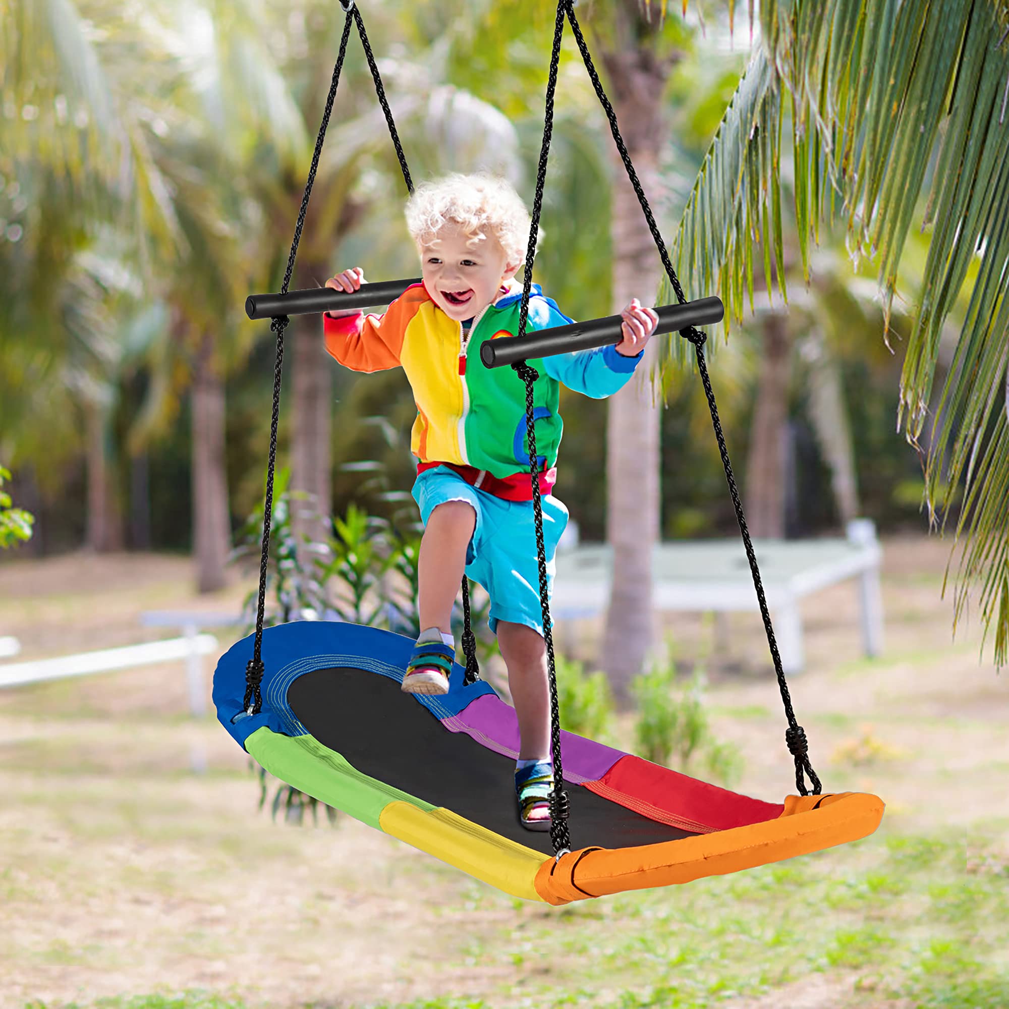 DORTALA Surfing Tree Swing,Platform Swing with Soft Handles and Adjustable Height, Saucer Tree Swing with Stable Metal Frame and Spacious Swing Board, Colorful