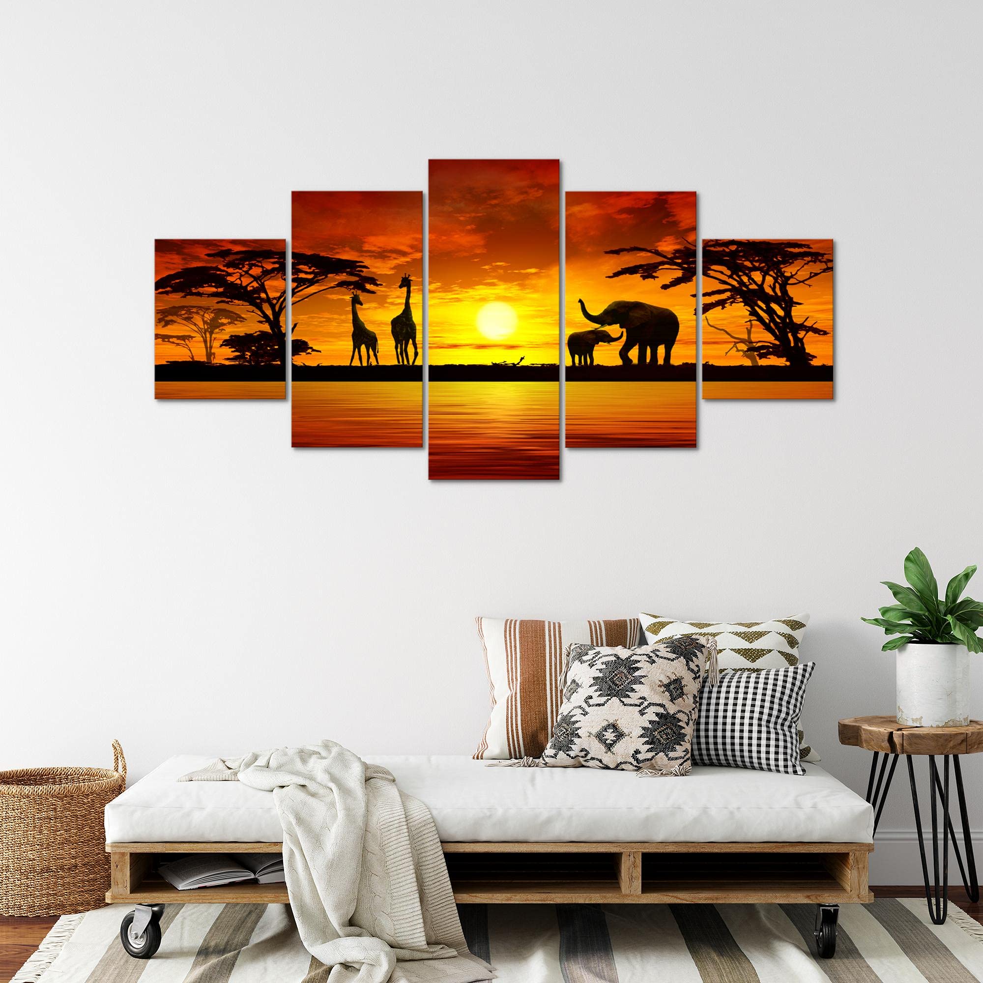 Runa Art - Tableau Afrique Le Coucher Du Soleil 200 x 100 cm 5 Parties XXL Decoration Murale Dessin Orange 000251a