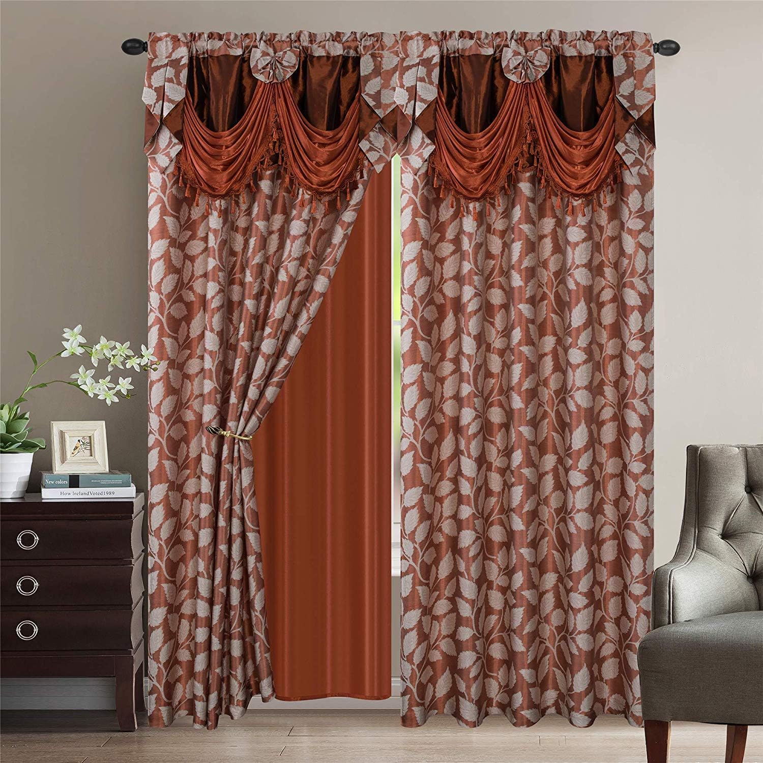 Luxury Home Collection Jacquard Leaves Window 2 Panel Curtain Set with