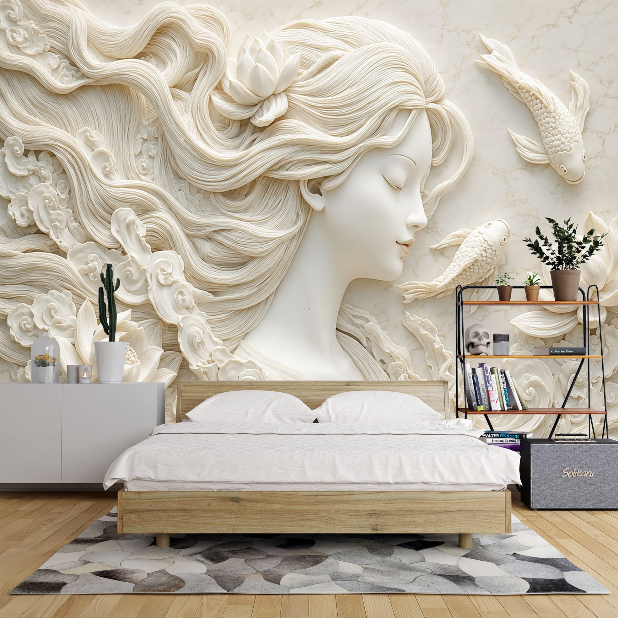 Carta Da Parati 3D Con Volto Di Donna Per Camera Da Letto 80X56 Pollici Con Dama Orientale E Pesci Koi Murale 3D Con Texture Per Camera Da Letto E Soggiorno Carta Da Parati Fotografica In Tessuto No