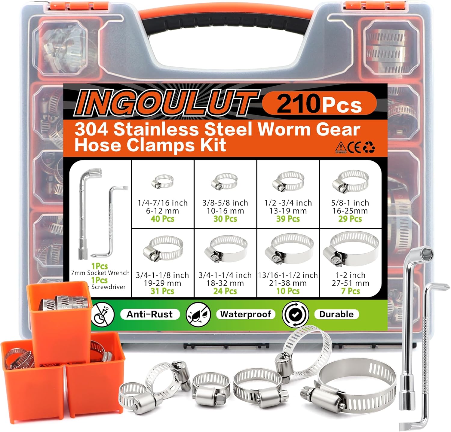 210Pcs Stainless Steel Hose Clamps Assortment Kit 1/4"to 2"(6-51mm) Adjustable Worm Gear Hose Clamps, Small Heavy Duty Hose Clamps for Automotive/Garden/Water Pipe/Sprinkler Line/Fuel Line
