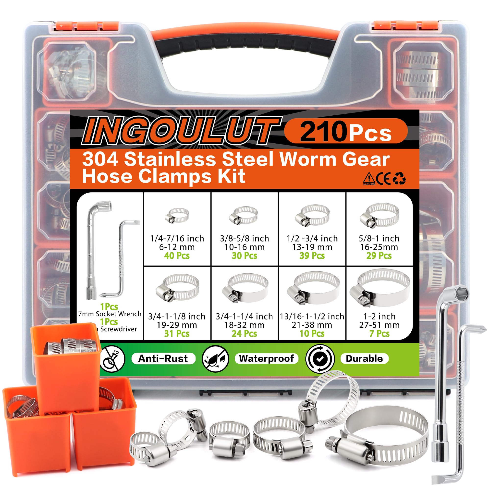 210Pcs Stainless Steel Hose Clamps Assortment Kit 1/4"to 2"(6-51mm) Adjustable Worm Gear Hose Clamps, Small Heavy Duty Hose Clamps for Automotive/Garden/Water Pipe/Sprinkler Line/Fuel Line