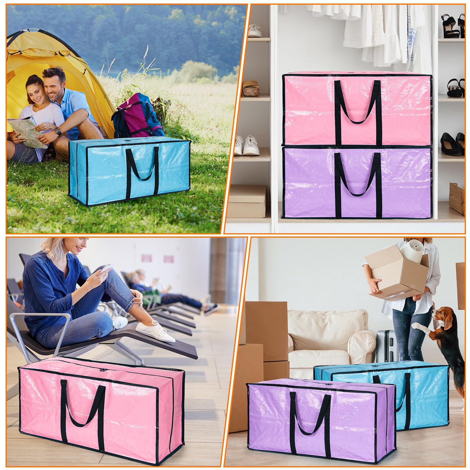 Paquete de 6 cajas de mudanza extra grandes y fuertes con tapa y cremalleras, caja de almacenamiento grande resistente para mudanzas, ropa, edredón, viajes, bolsas de lavandería, bolsa de embalaje