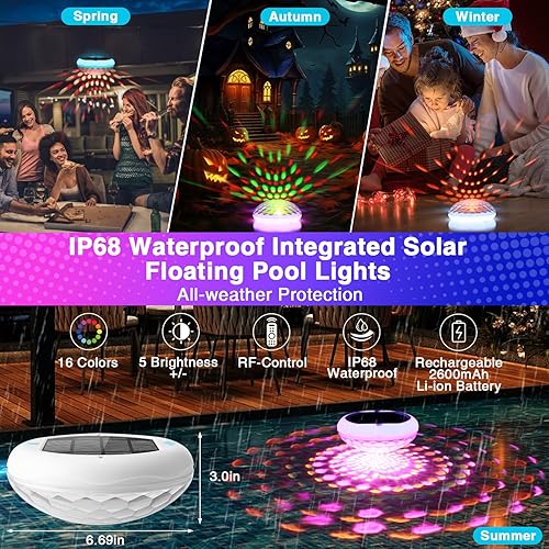 Miniatura 5 de Luces solares para piscina, 2600 mAh, luces flotantes recargables por USB, 6.7 pulgadas, IP68, impermeable, luz flotante solar con control remoto,
