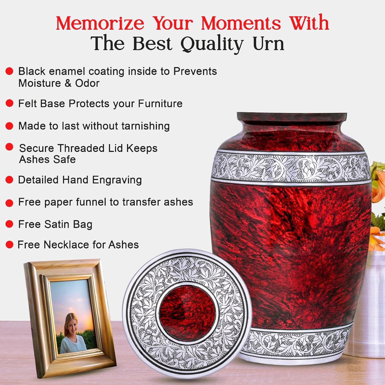 Hand-Engraved Red Urn for Ashes for Women & Men with Necklace for Ash & Velvet Bag | Red Marble Finish Metal Cremation Urns for Human Ashes Adult Man | Elegant Burial & Funeral Urn - Large, 220 lbs