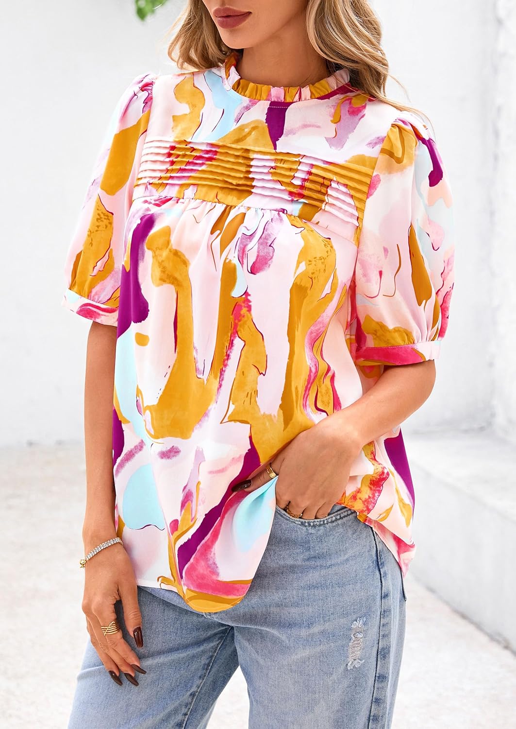 PRETTYGARDEN Floral Tops for Women Blouses Dressy Casual 2026 Summer Trendy Outfits Boho Pleated Short Sleeve Shirts - Image 4