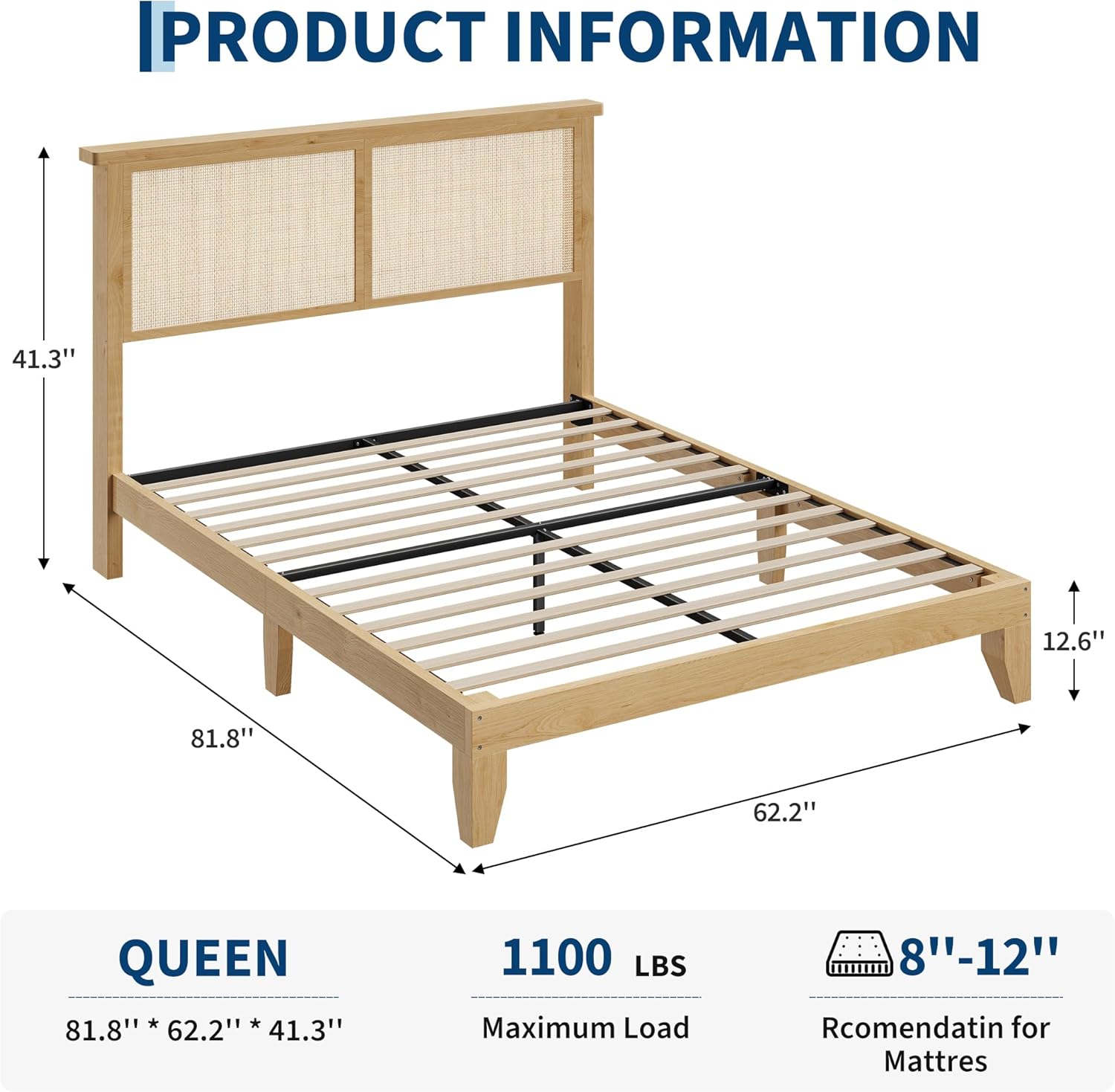 Garvee Queen Size Rattan Bed Frame, Bohemian Queen Rattan Bed Frame with Natural Headboard, Platform Queen Size Bed with Wooden Legs, LED Lights, No Box Spring Needed