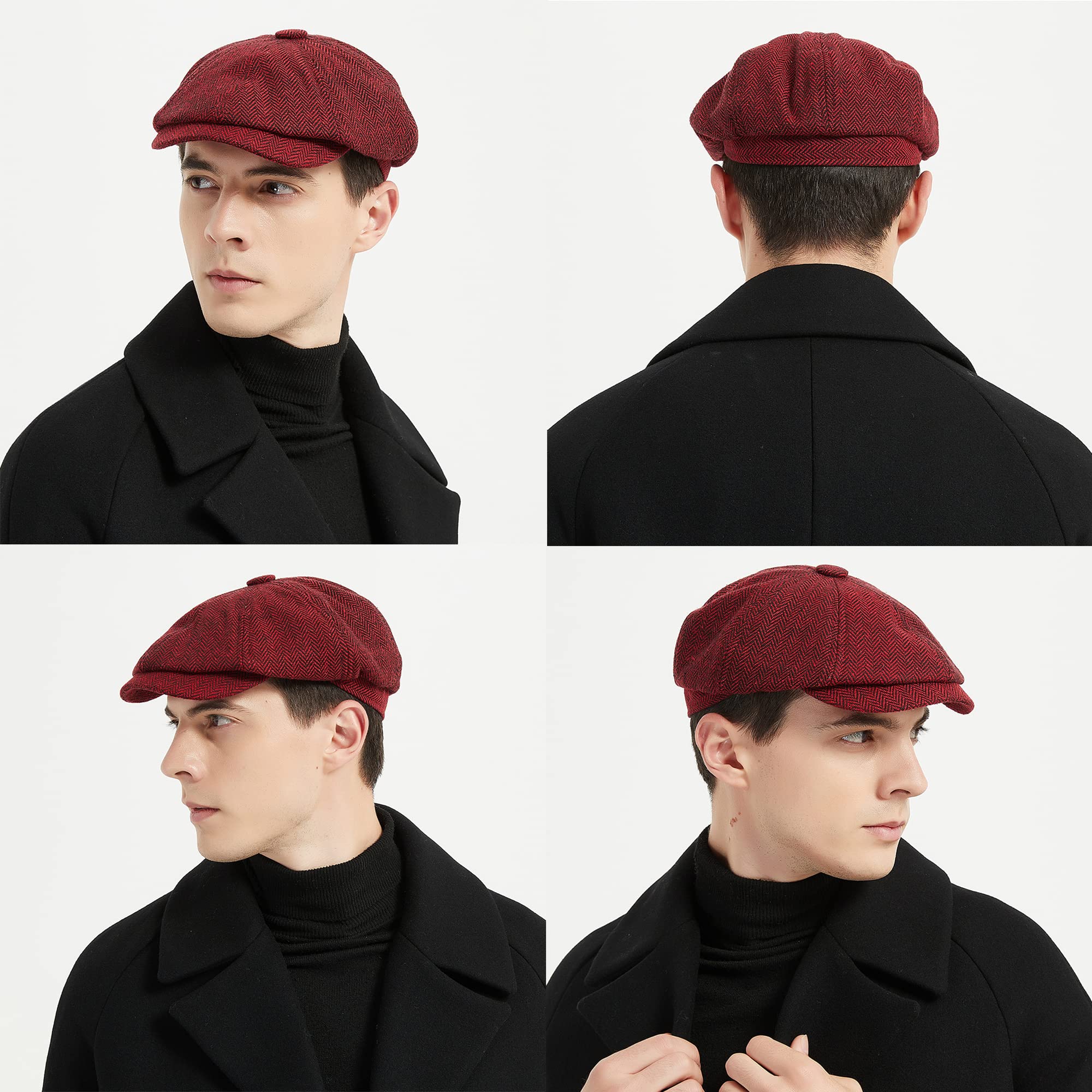 Coppola Newsboy cap Baker Boy - 8 Pannelli Peaky Herringbone Tweed Gatsby Hat Ivy Cappellino Irlandese per Uomo e Donna, Vino Rosso, 58-59