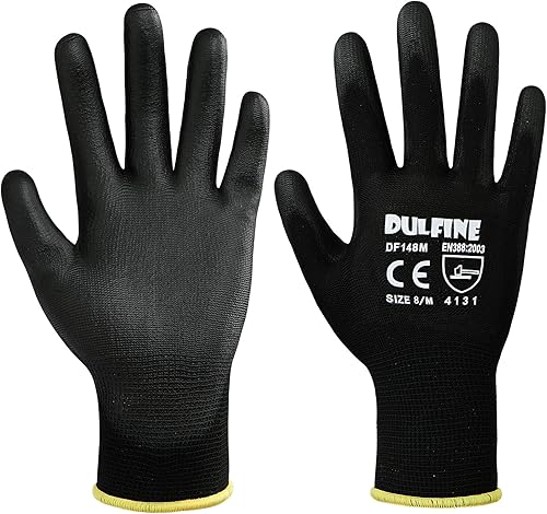 Vista 22 de Guantes de trabajo de seguridad con revestimiento de poliuretano, 12 pares, guantes de punto sin costuras azul con revestimiento de poliuretano