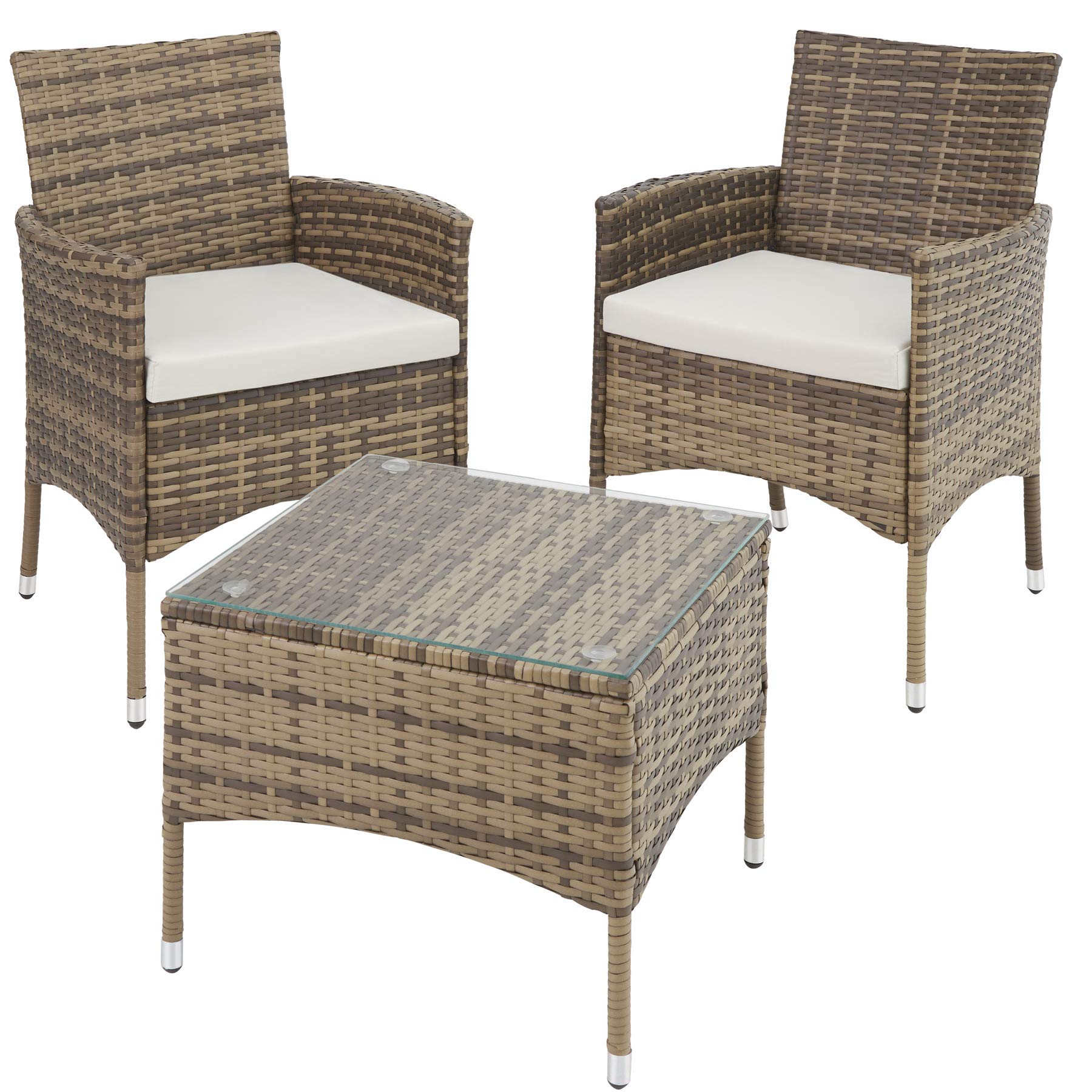 tectake® Set da Giardino in Rattan Lucerna, Robusto Telaio in Acciaio, Set Sedie da Esterno, Tavolino Salotto con Piano in Vetro, Comodi Cuscini, Design Moderno - Naturale