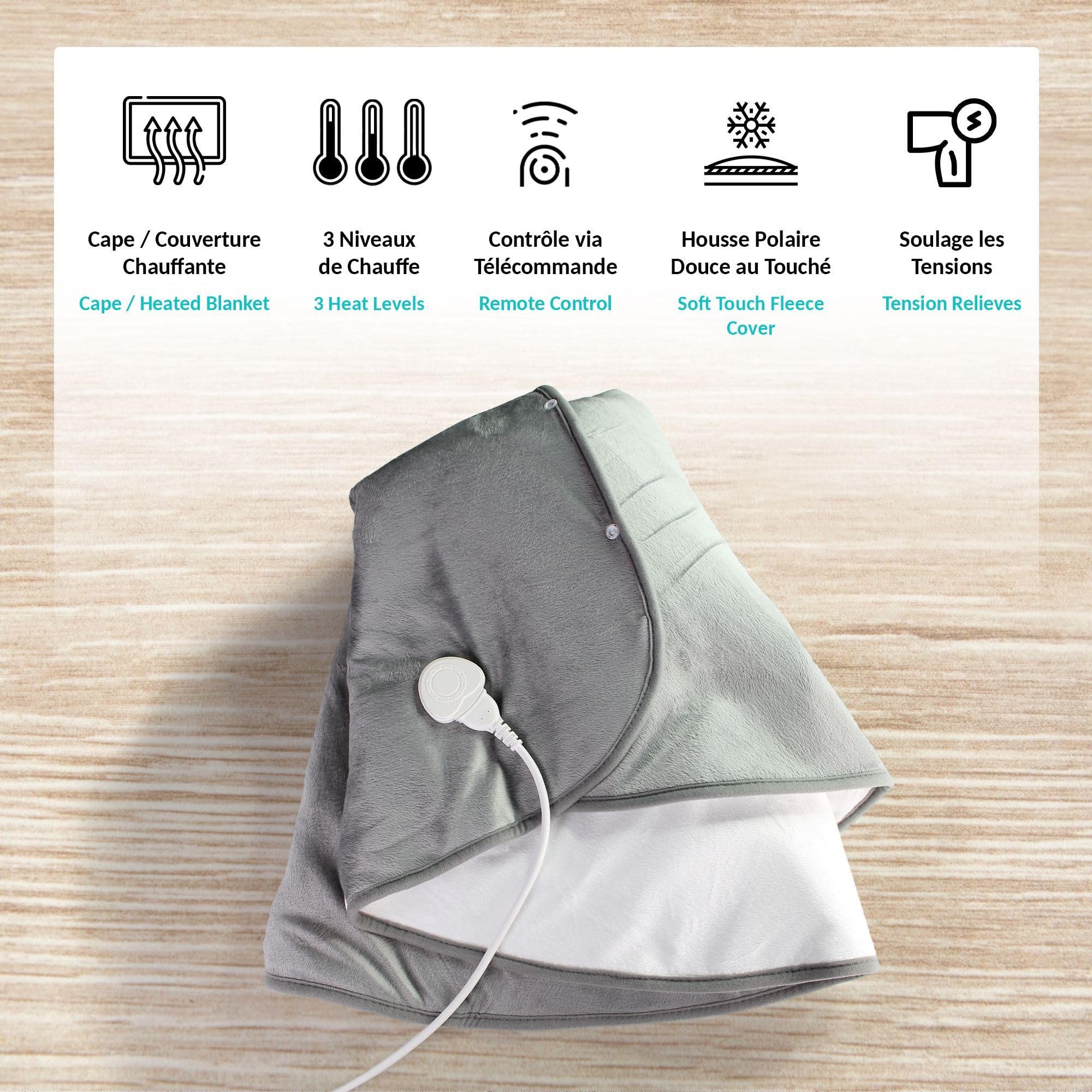 FISHTEC - Cape chauffante XXL en velours - 3 niveaux de chauffe 35 à 45°C - Format 150 x 90 cm - Arrêt automatique 3 h - Télécommande amovible - Tissu doux lavable - Confort cocooning à la