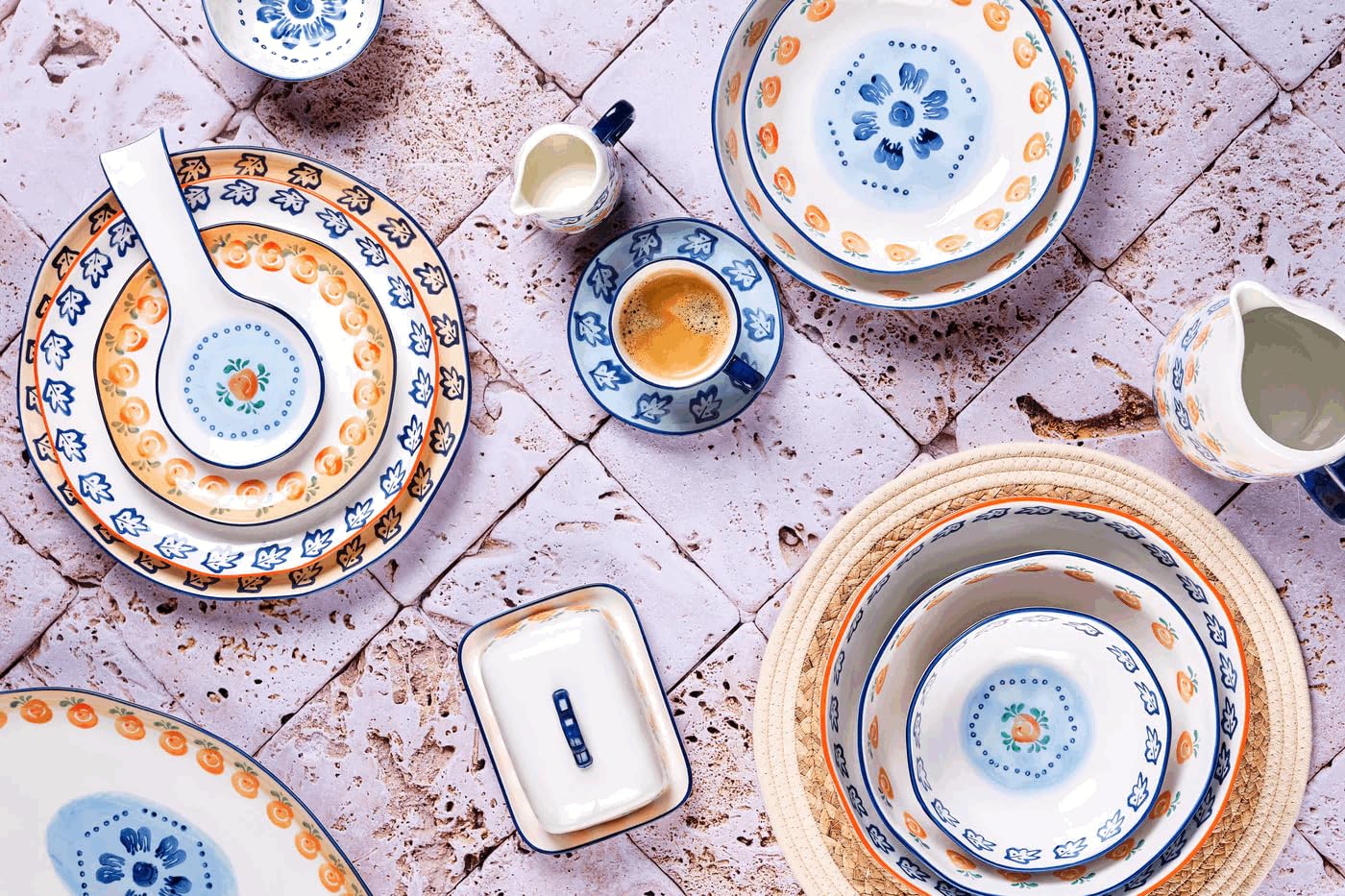 BJORN Geschirrset NAPOLI 28-teilig – Service für 4 Personen aus weißem Porzellan, handbemalt – Teller, Schalen & Tassen – Elegantes Geschirr Set