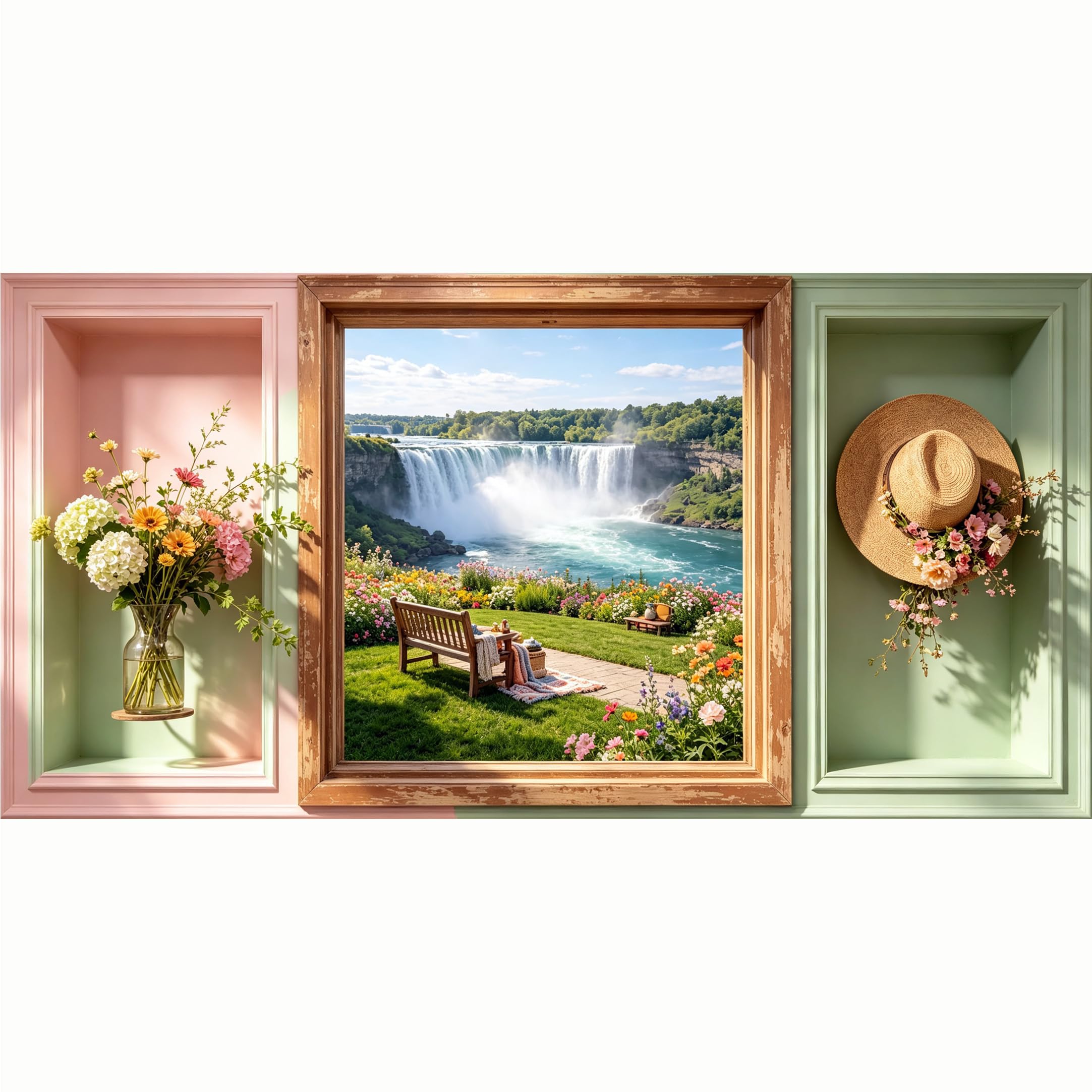 QZLITHOTIC 50x100cm 3D Framed Wall Art， Waterfall Garden Landscape Botanical Self‑Adhesive Mural， Water‑Activated Peel & Stick Fabric Decor Wall Decal for Bedroom Living Room
