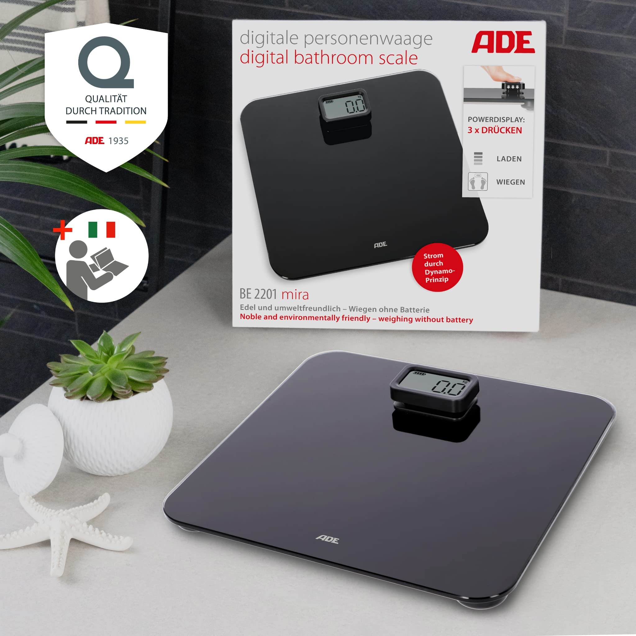 ADE Bilancia pesapersone digitale senza bateria | trazione dinamica rispettosa dell'ambiente | eco sostenibile | fino a 150 kg | nero