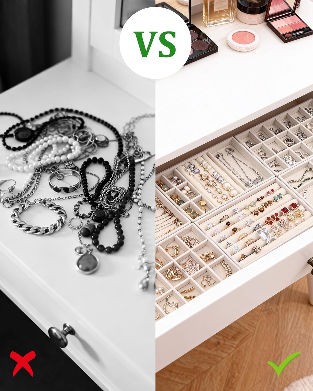 Stackable Jewelry Organizer Trays with Removable Dividers, 6-Tray Beige Jewelry Drawer Organizer Set for Earrings, Necklaces, Rings & Bracelets Gift for Her