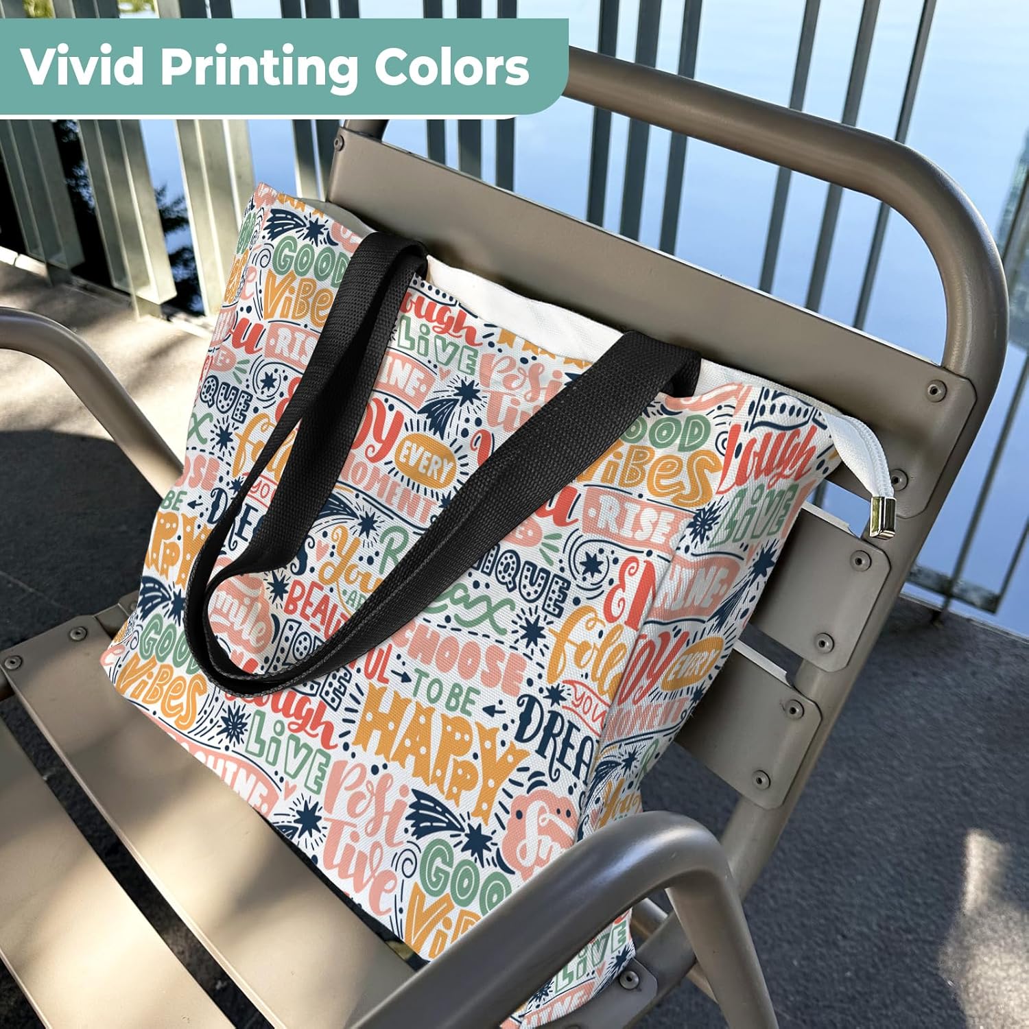 Women's Tote Bag with Zipper, Thick Canvas, Vibrant Print, Wide Strap - Reusable Shopping Bag for Work & Daily - Image 9