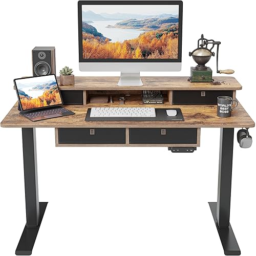 FEZIBO Height Adjustable Electric Standing Desk with 4 Drawers, 48 x 24 Inch Table with Storage Shelf, Sit Stand Desk with Splice Board, Black Frame/Rustic Brown Top, 48 inch
