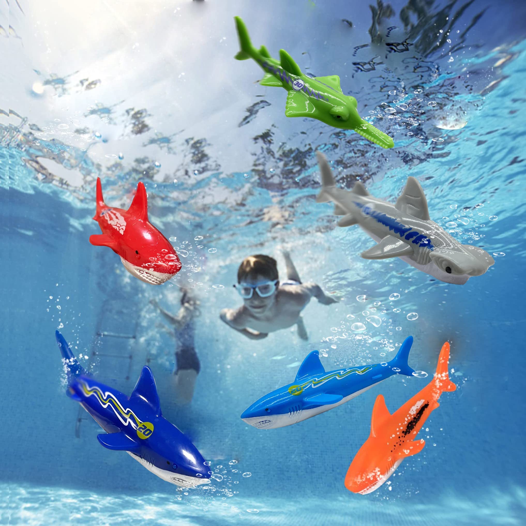 Diving Pool Toy Set - Shark Dive Set with Hammerhead and Sawshark for Kids, Underwater Sinking Sharks (Set of 6 Pieces)