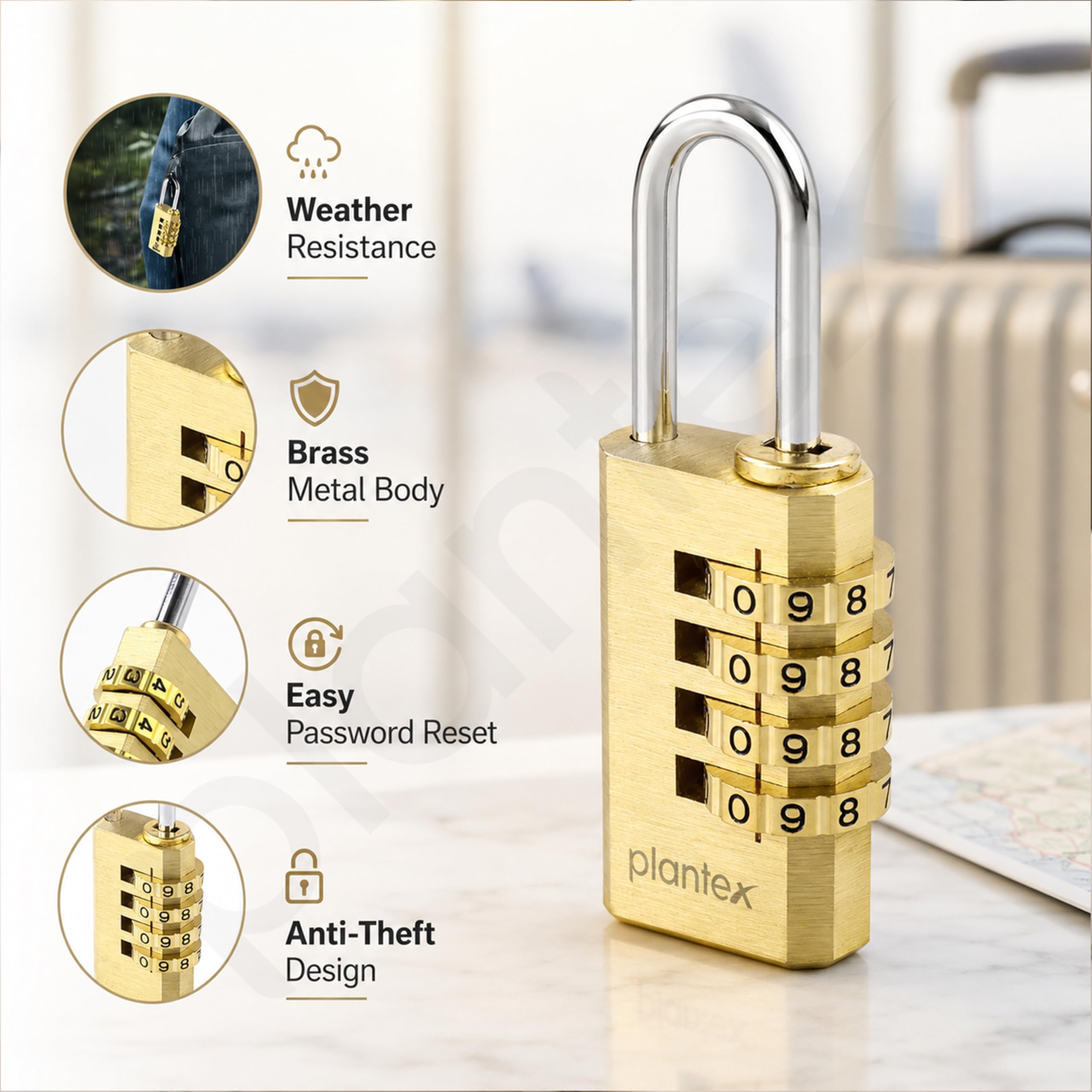 Plantex 4-Digit Code Combination Brass Locks/Number Lock/Portable Luggage Lock/Travel Lock for Briefcase/Laptop Bags - Pack of 1 (Small, Brass Antique) — Amazon image 6