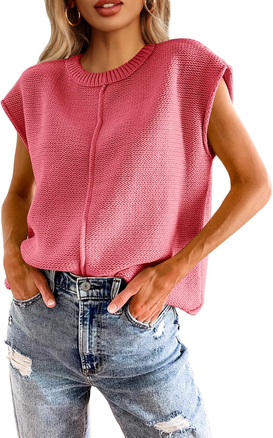 Saodimallsu Womens Summer Cap Sleeve Tops Casual Crew Neck Loose Fit Knit Lightweight Sweater Pullover Top