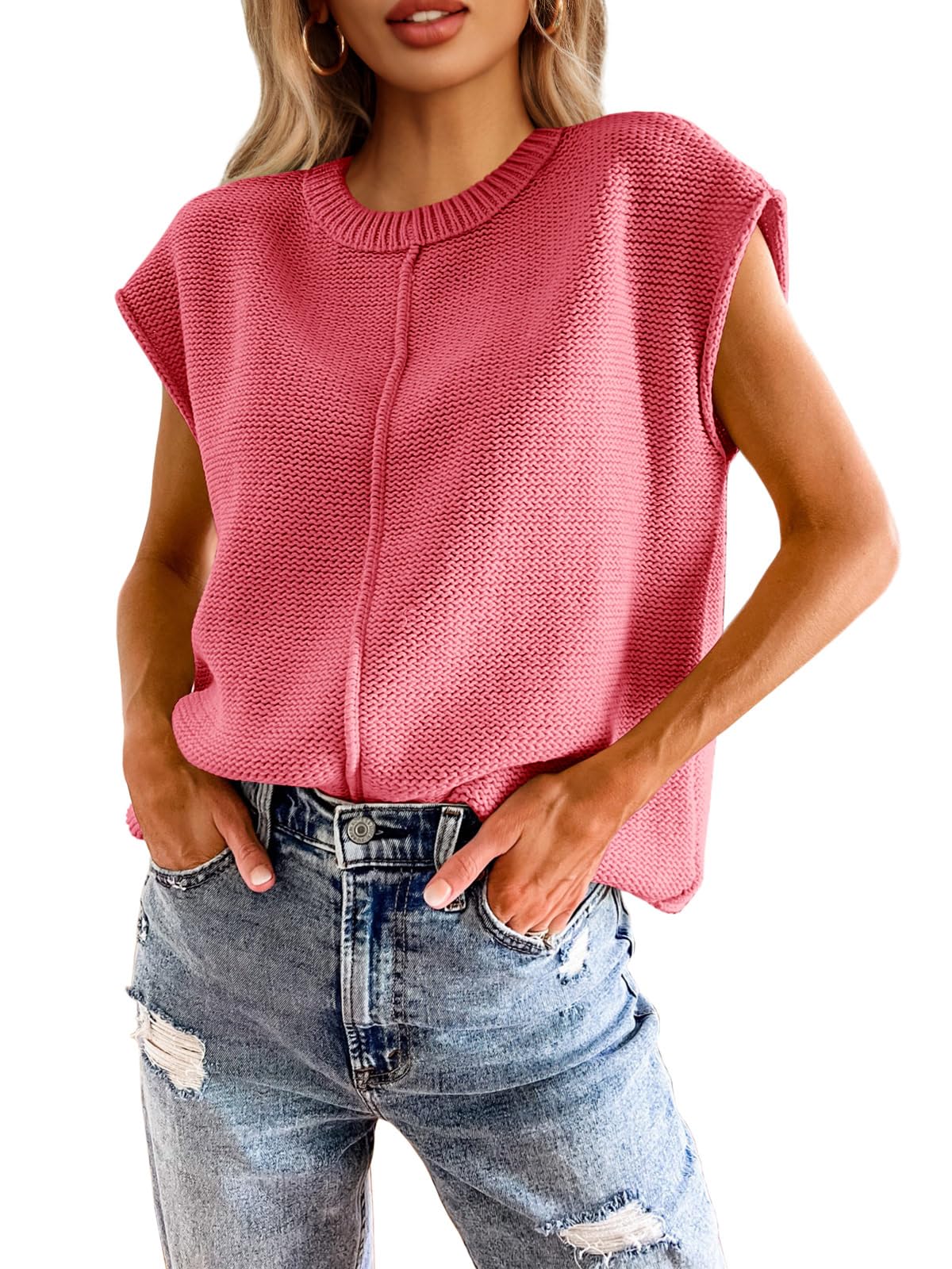 Saodimallsu Womens Summer Cap Sleeve Tops Casual Crew Neck Loose Fit Knit Lightweight Sweater Pullover Top