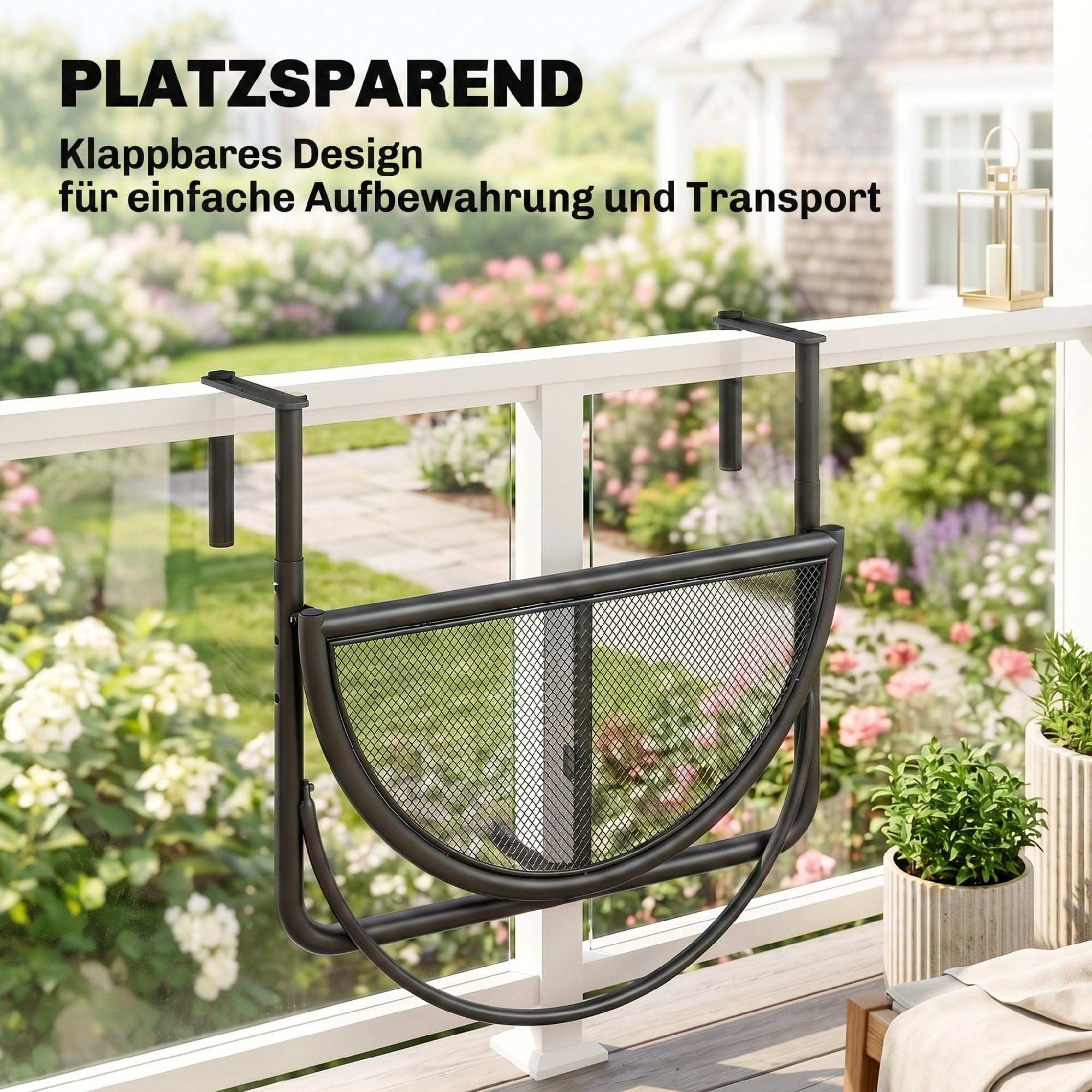 Outsunny Balkonhängetisch Hängetisch Gartentisch höhenverstellbar halbrund Ø30 cm Terrasse Metall Weiß L60 x B45 x H50 cm